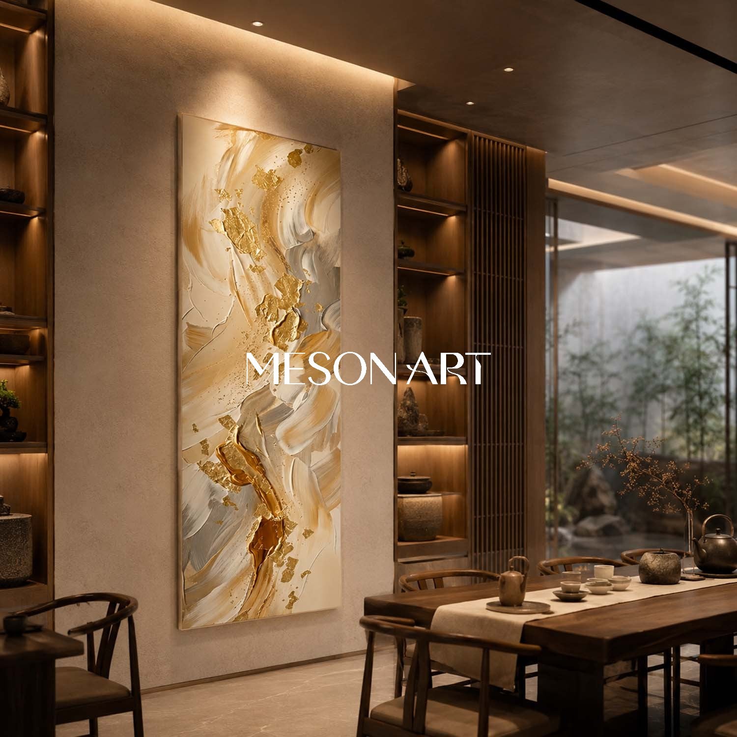 Gilded Fluid Harmony Abstract Painting With Gold Leaf For Modern Living Room Entryway Decor