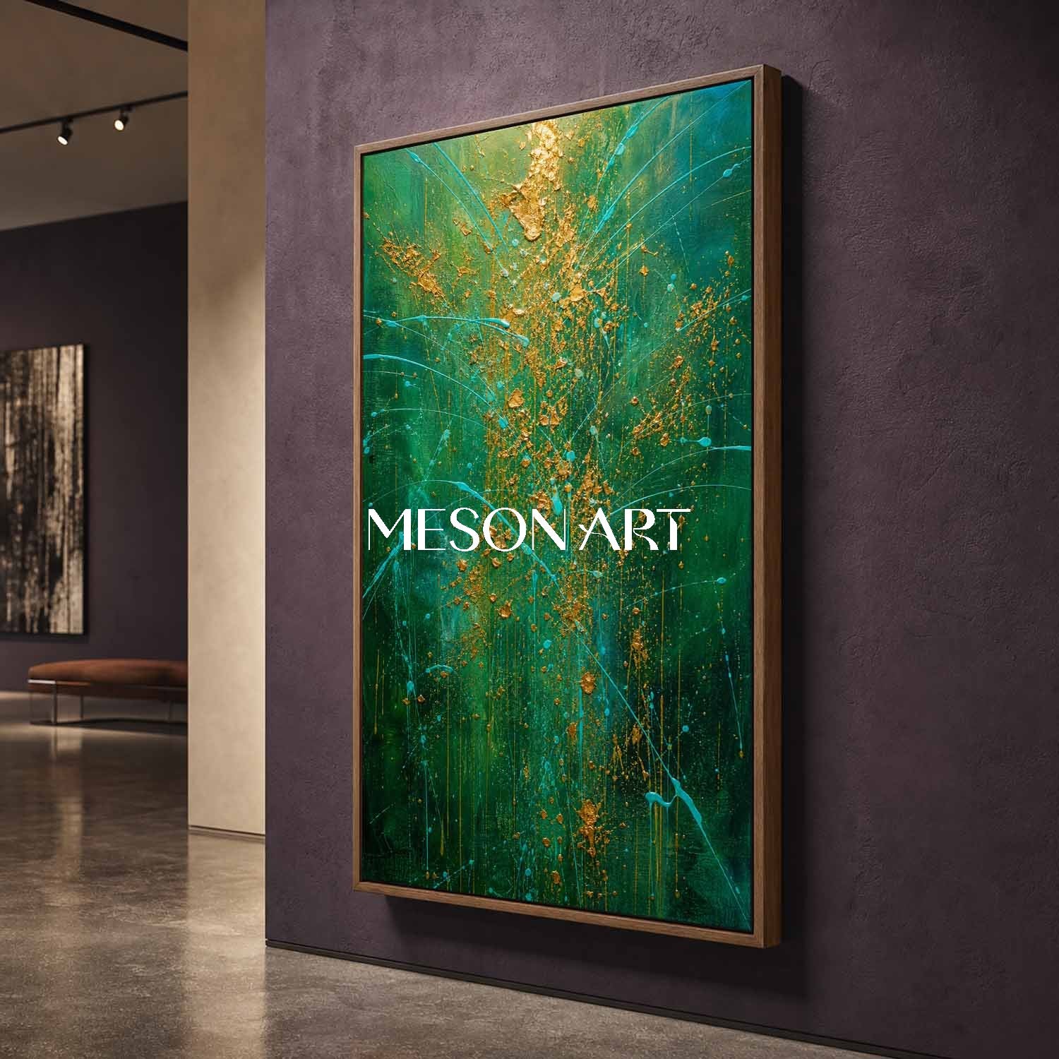 Emerald Green And Gold Pollock Abstract Style Painting For Modern Living Room Entryway Decor