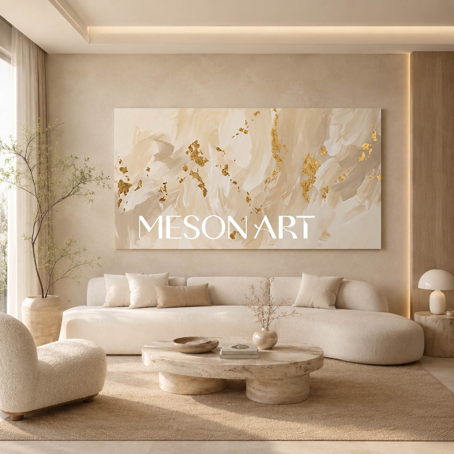 Luxury Minimalist Abstract Art With Gold Leaf Accents For Modern Living Room Decor