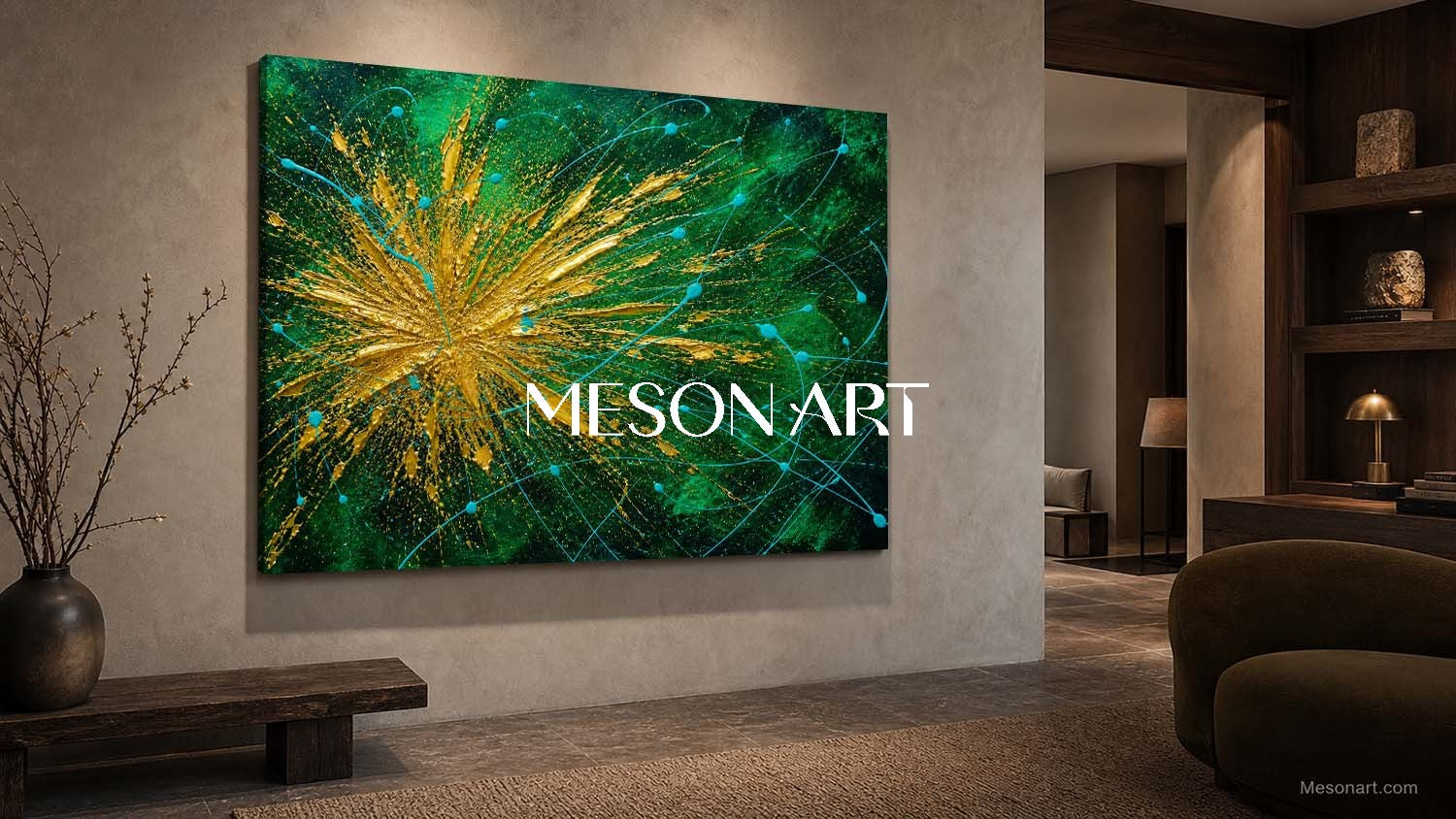 Abstract Gold And Green Explosion Art For Modern Living Room With Metallic Accents