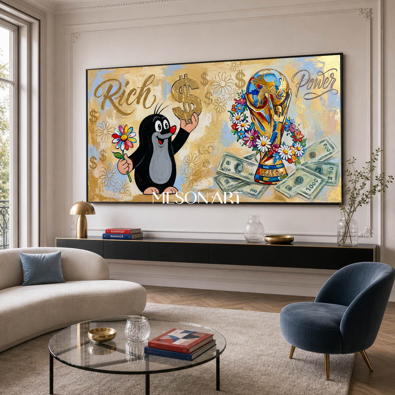Luxury Gold Pop Art Painting With Cartoon Mole And Dollar Signs For Modern Living Room Decor