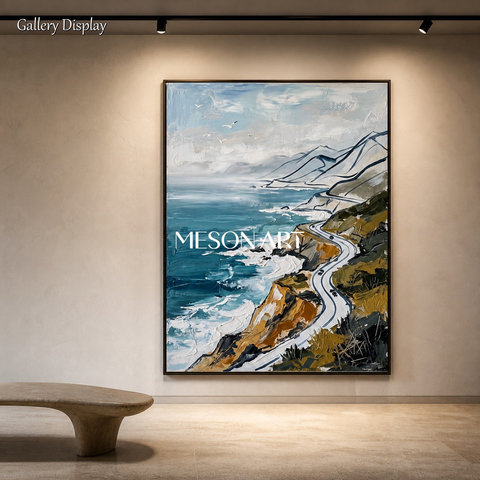 Blue And White Landscape Painting Modern Coastal Mountain Art Rectangular Wall Decor Original Artist By Mesonart