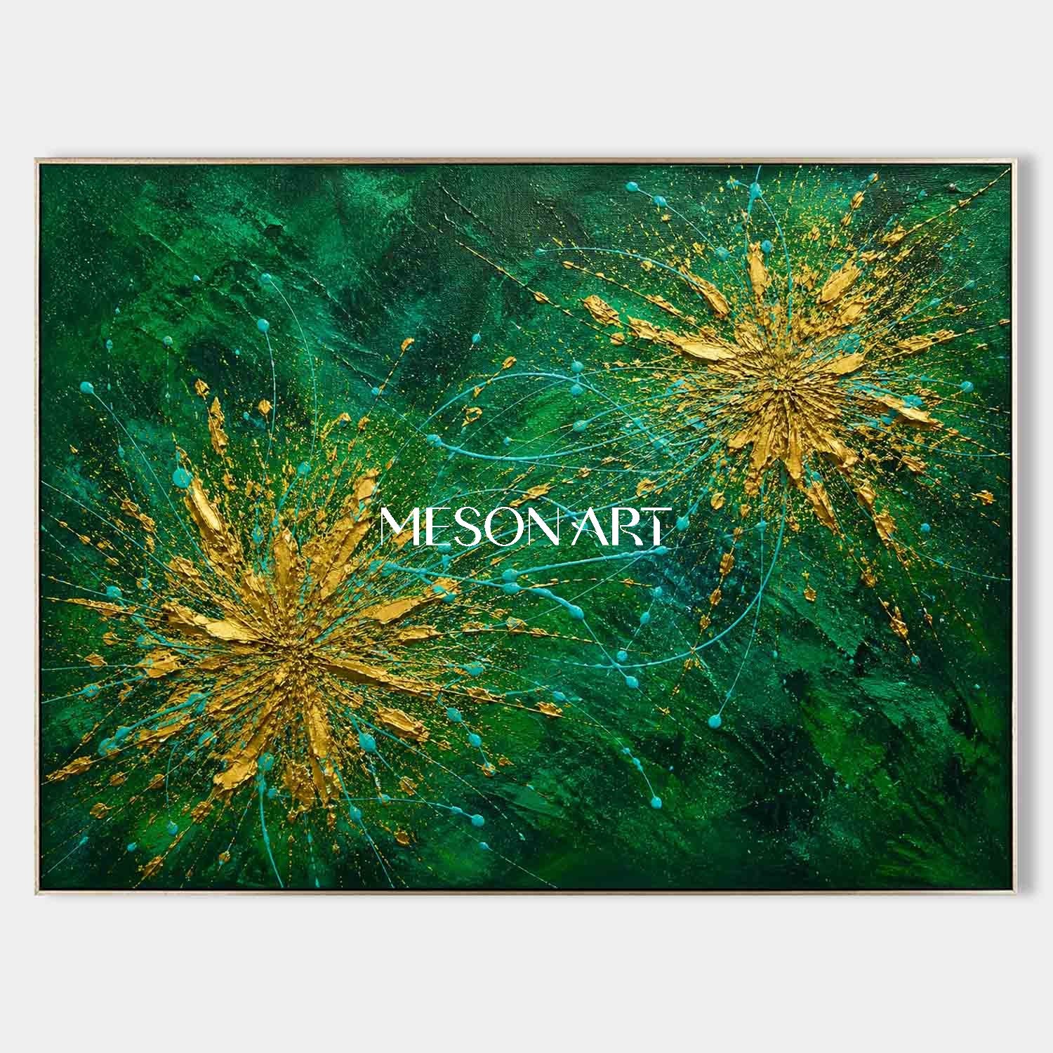 Emerald Green And Gold Abstract Painting With Fluid Motion And Metallic Accents For Modern Living Rooms