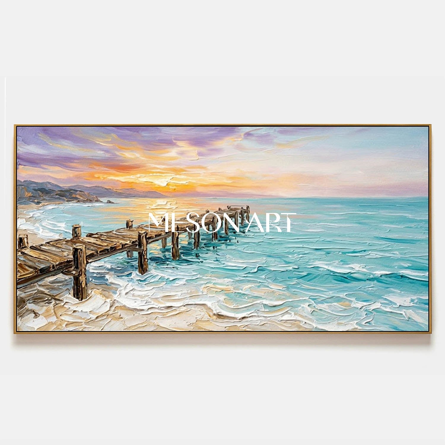 Original Impasto Seascape Painting With Pier For Coastal Living Room Decor