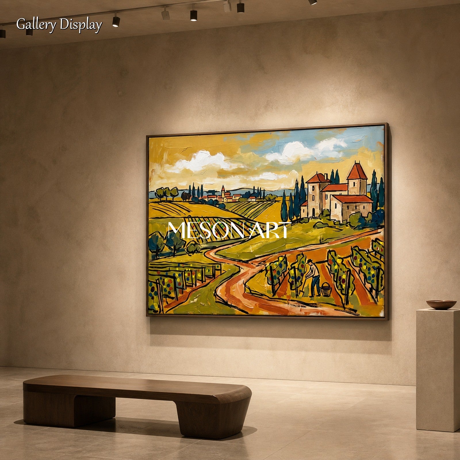 Gold And Green Wine Countryside Contemporary Figurative Original Painting Rectangular Wall Art For Dining Room By Mesonart