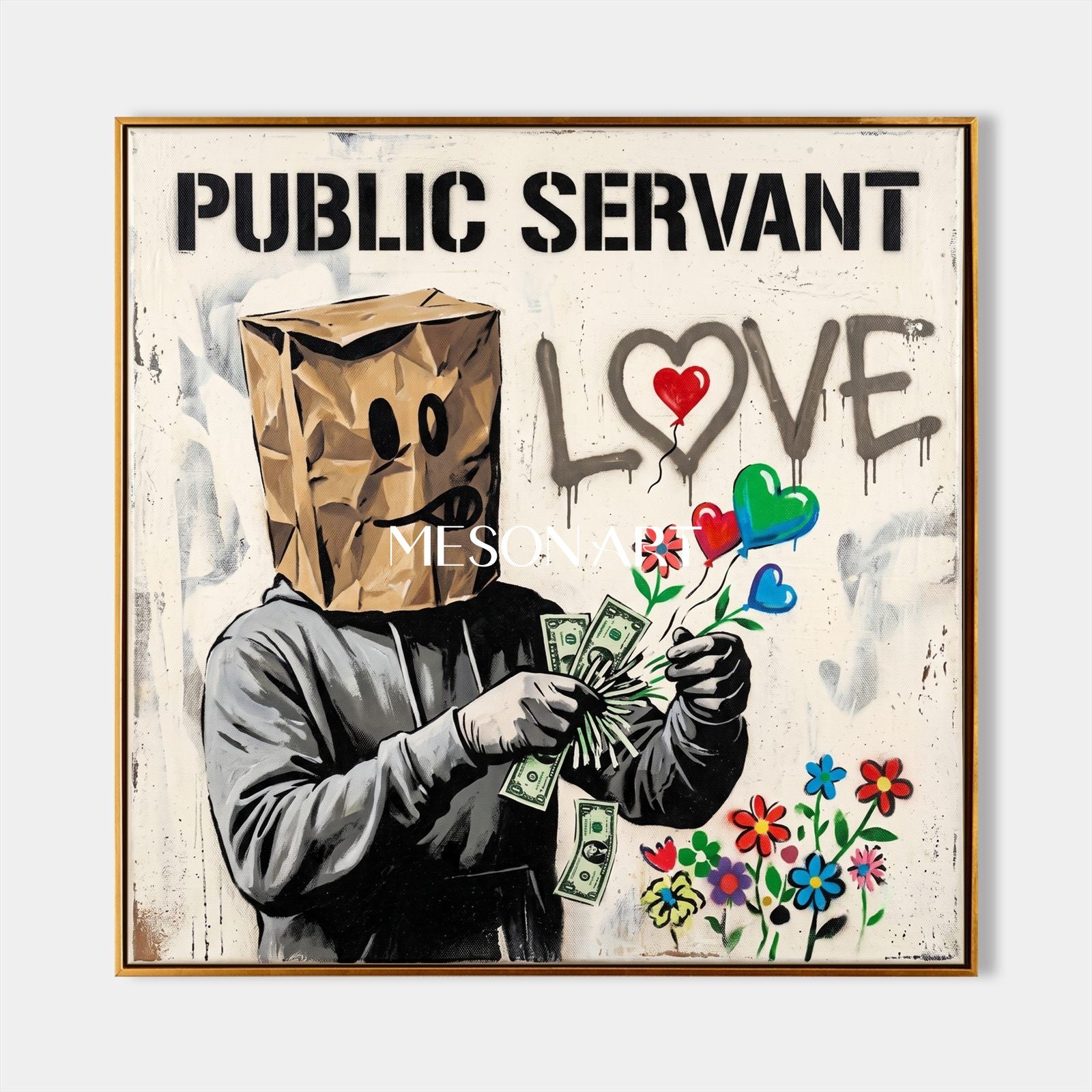 Black And White Banksy Style Original Painting Square Wall Art For Living Room By Mesonart