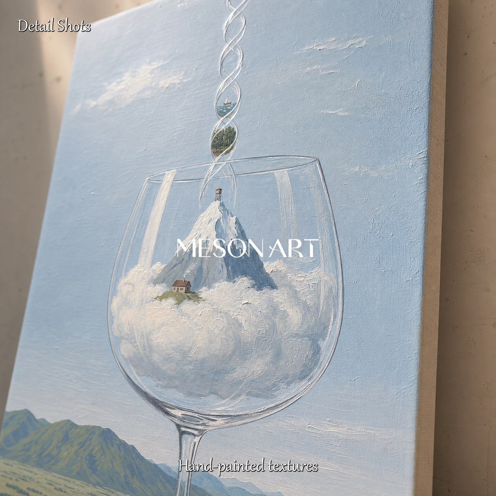 Surrealist Landscape Oil Painting With Glass And Mountains For Modern Living Room Decor