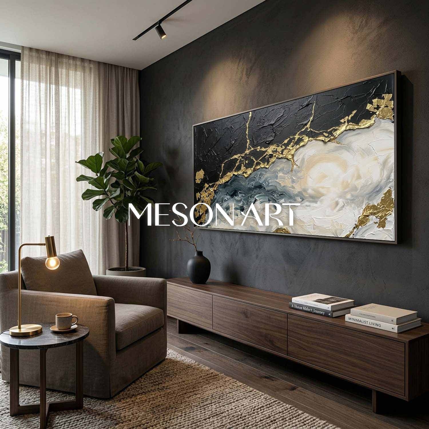 Large Black And Gold Abstract Painting With Plaster Texture For Modern Living Room Decor