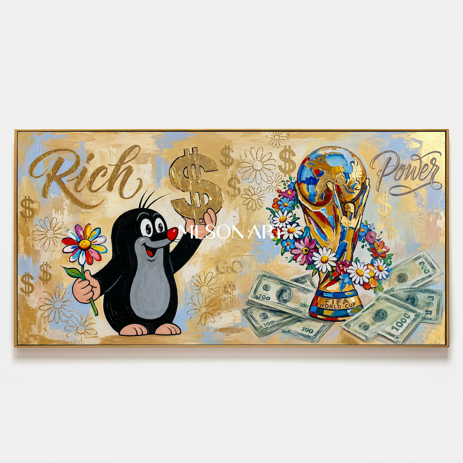 Luxury Gold Pop Art Painting With Cartoon Mole And Dollar Signs For Modern Living Room Decor