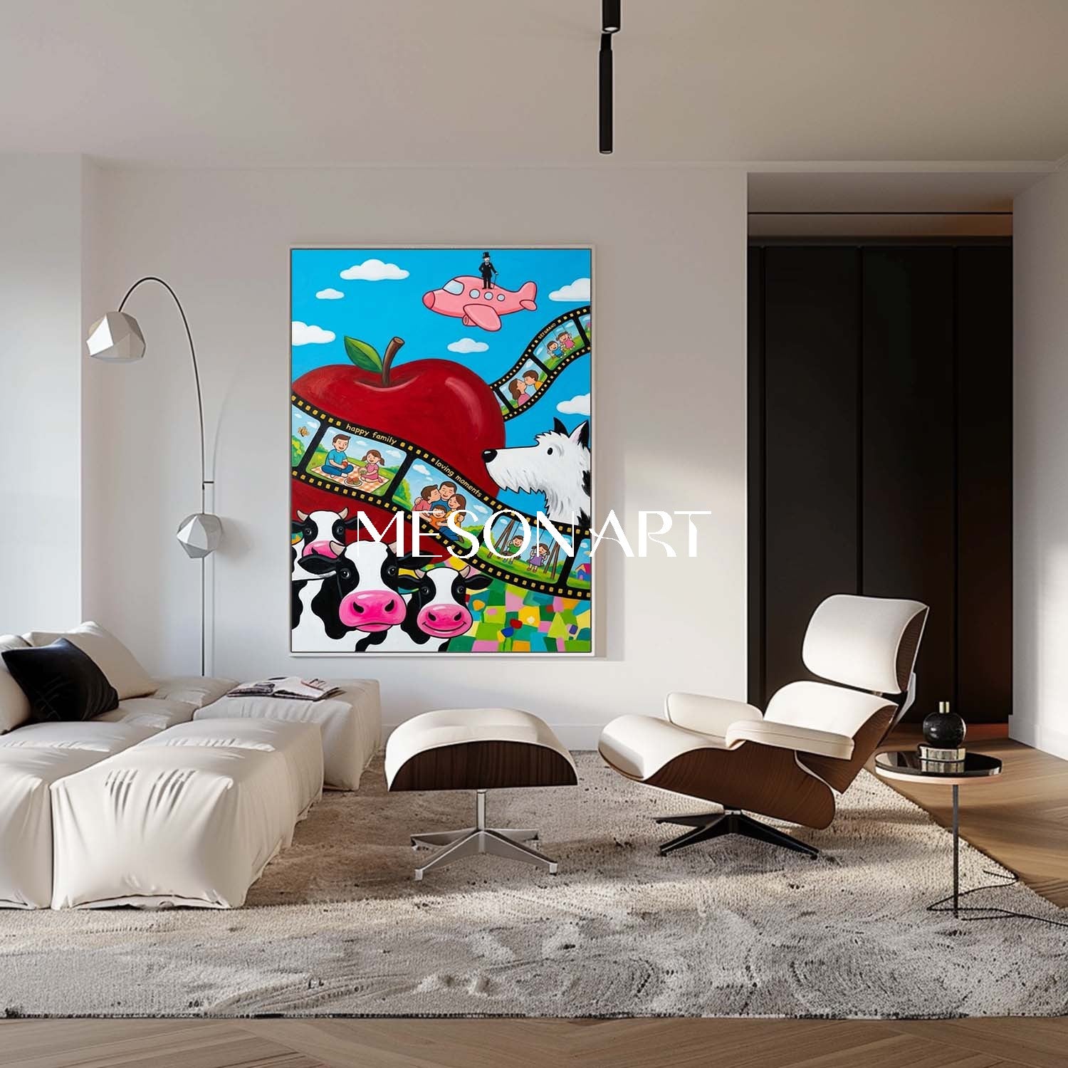 Surrealist Family Art With Cows And Apple For Kids Room Decor