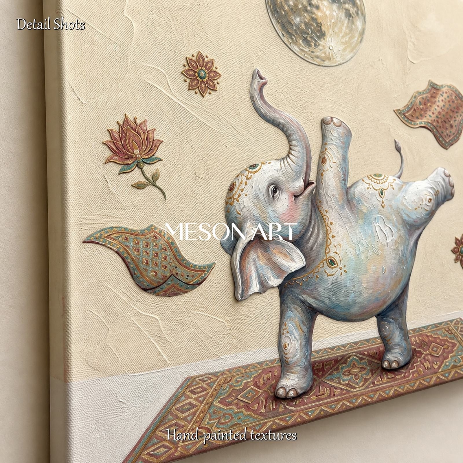 Beige And White Yoga Elephant Original Art Rectangular Wall Decor For Living Room By Mesonart