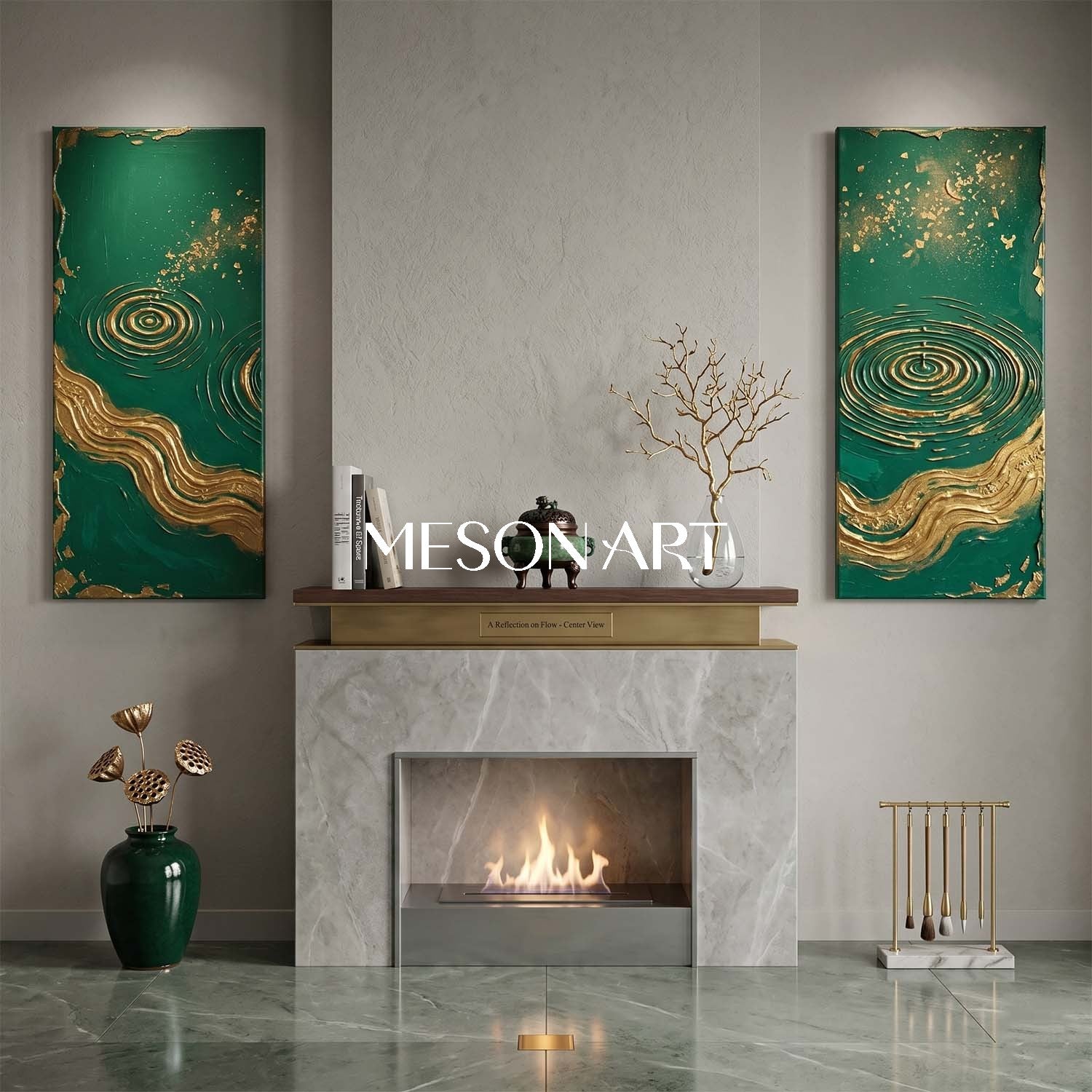 Large Green And Gold Textured Painting For Modern Living Room Art Deco Wall Decor