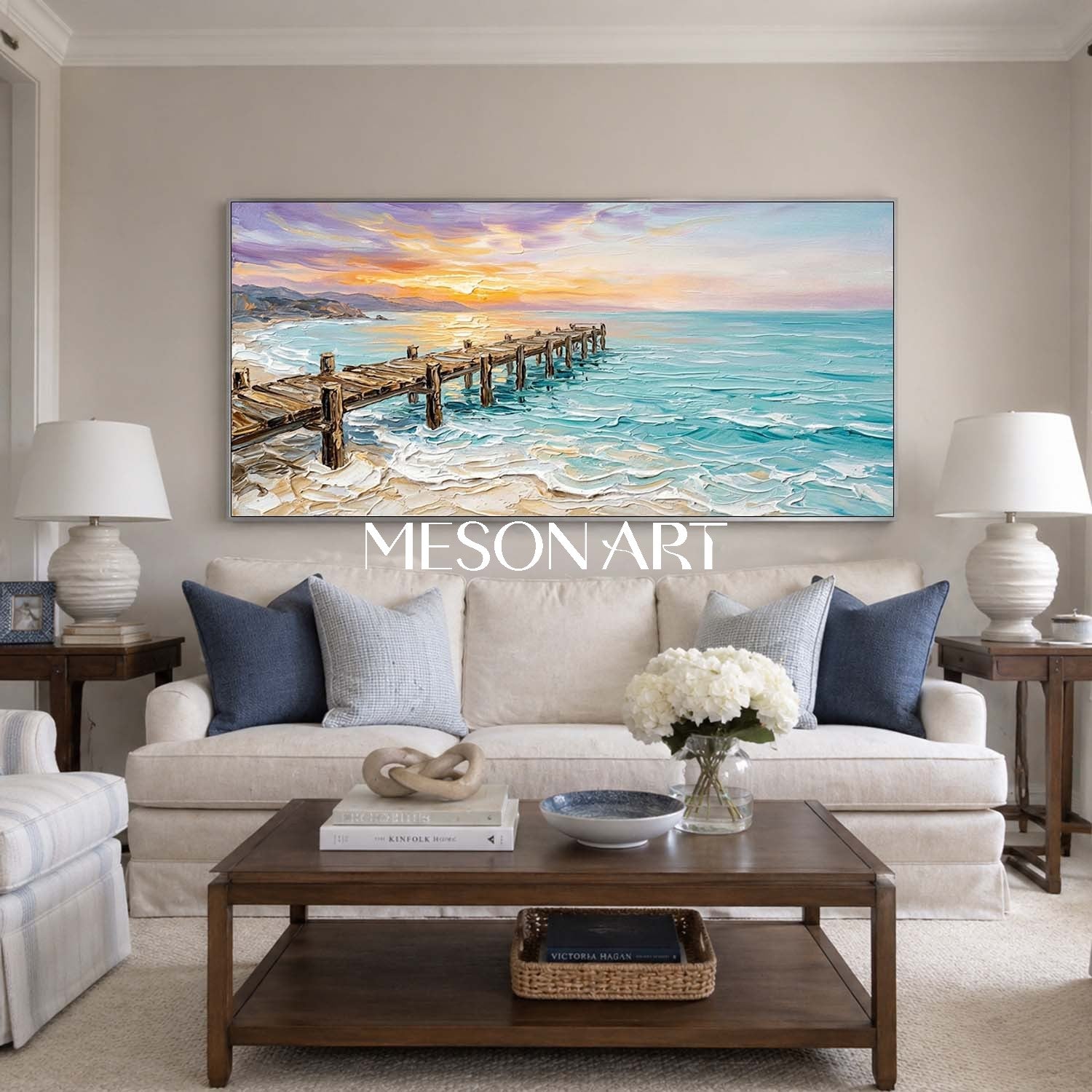 Original Impasto Seascape Painting With Pier For Coastal Living Room Decor