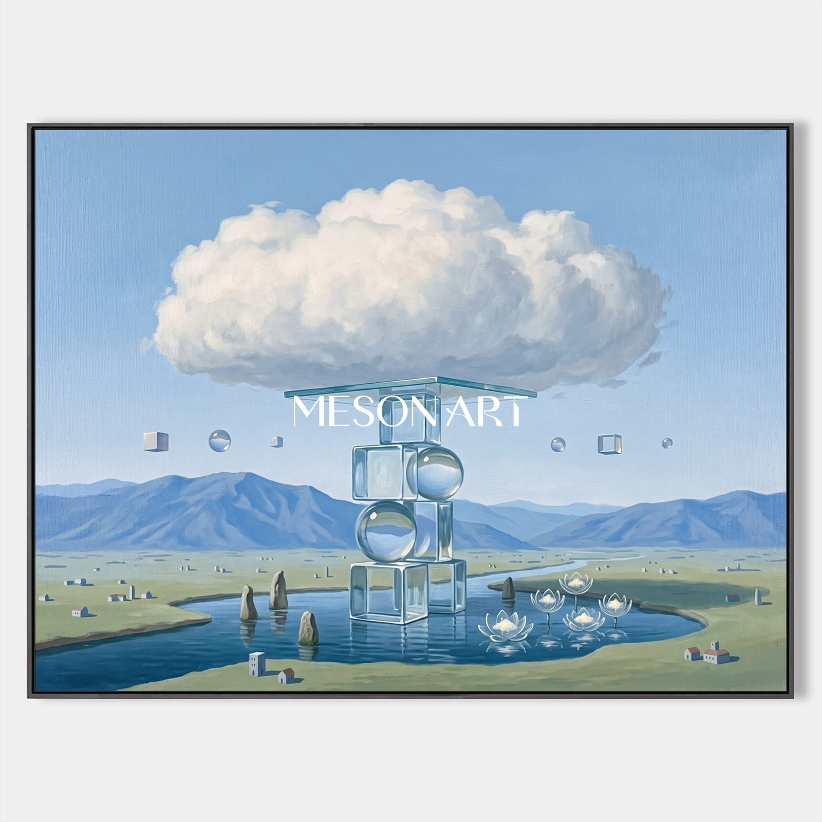 Surrealist Glass Structure Landscape Painting With Soft Brushwork For Living Room And Office Decor