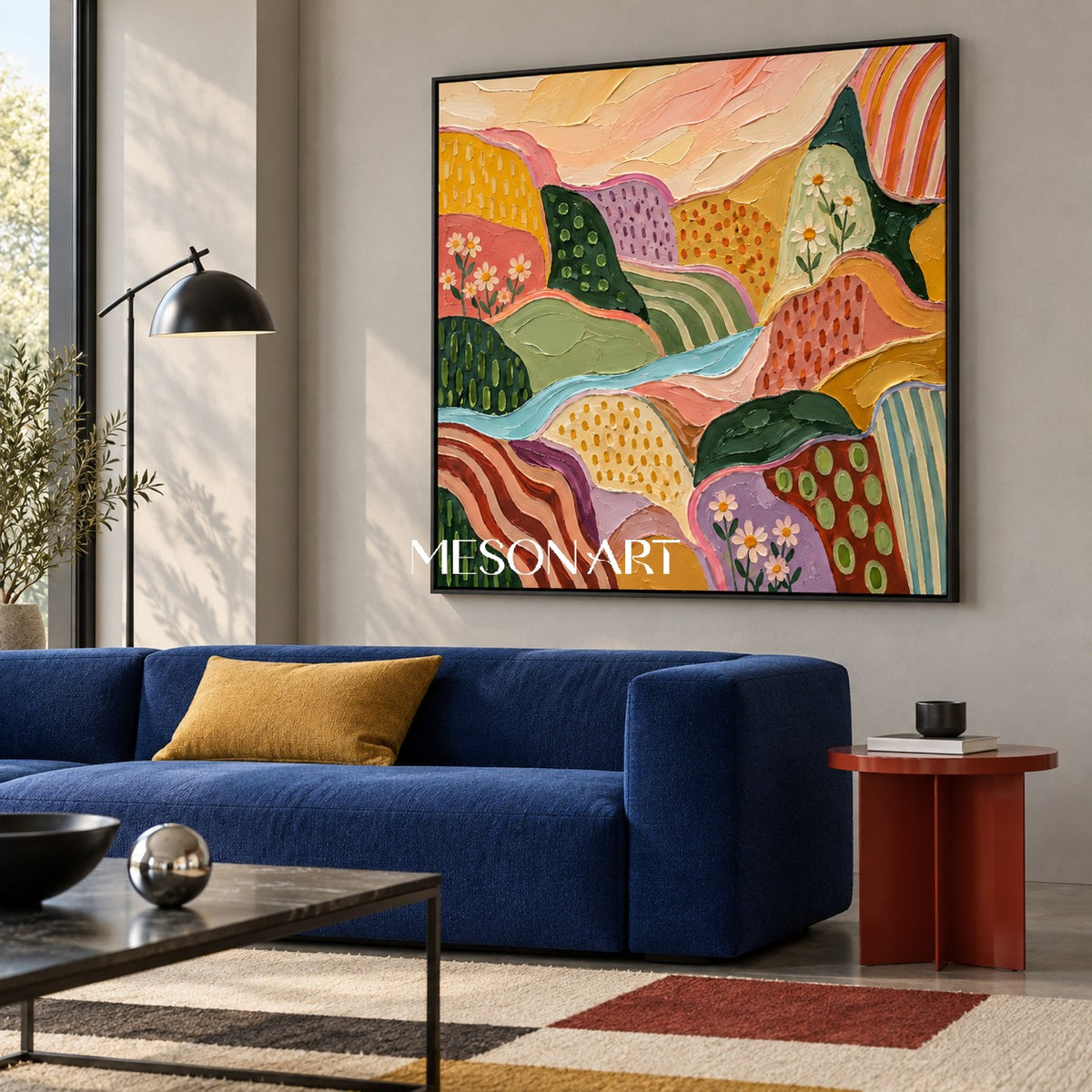 Colorful Abstract Landscape Painting Square Wall Art Original Hand Painted By Artist Modern Impasto Style By Mesonart