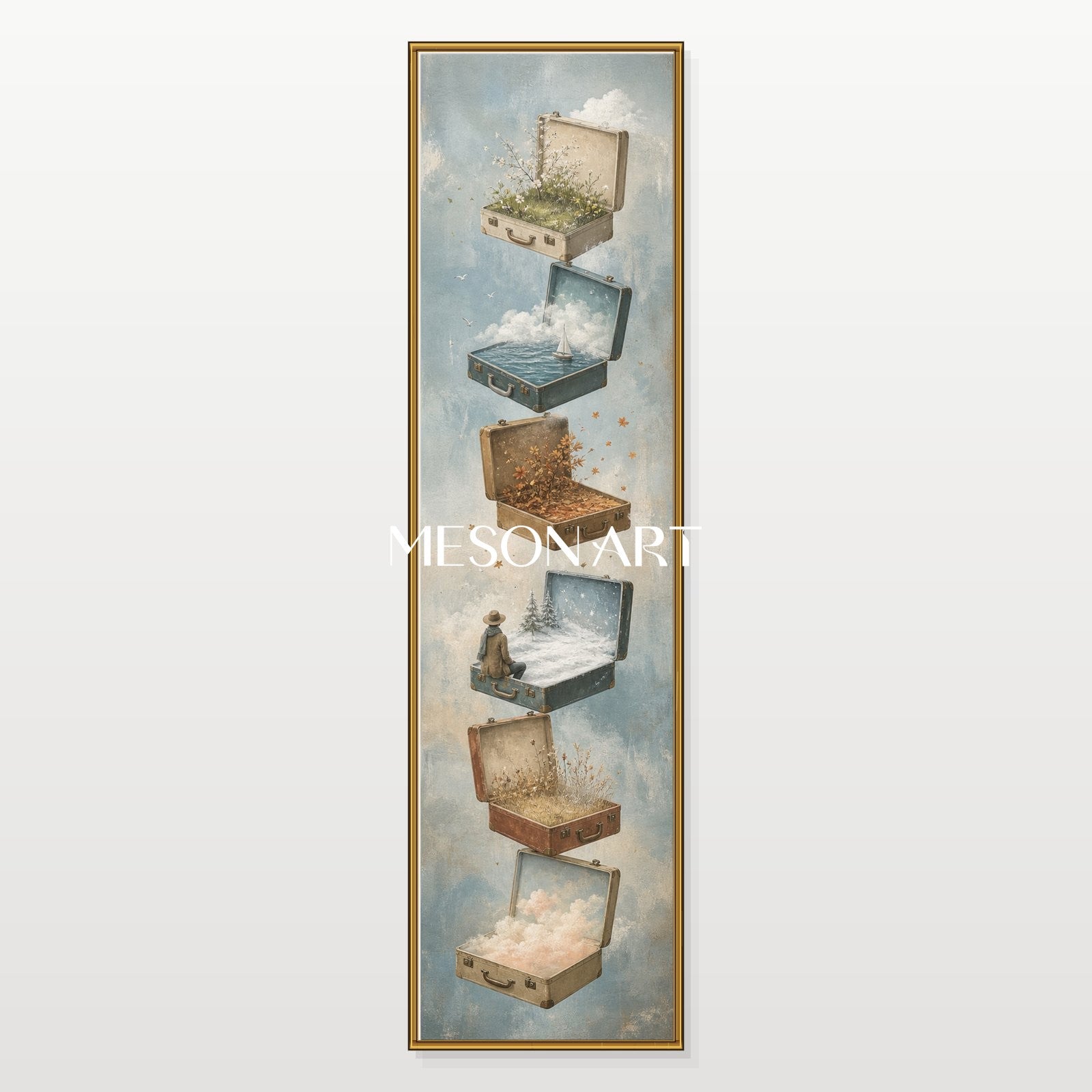 Surrealist Travel Art Painting With Floating Suitcases For Entryway Decor