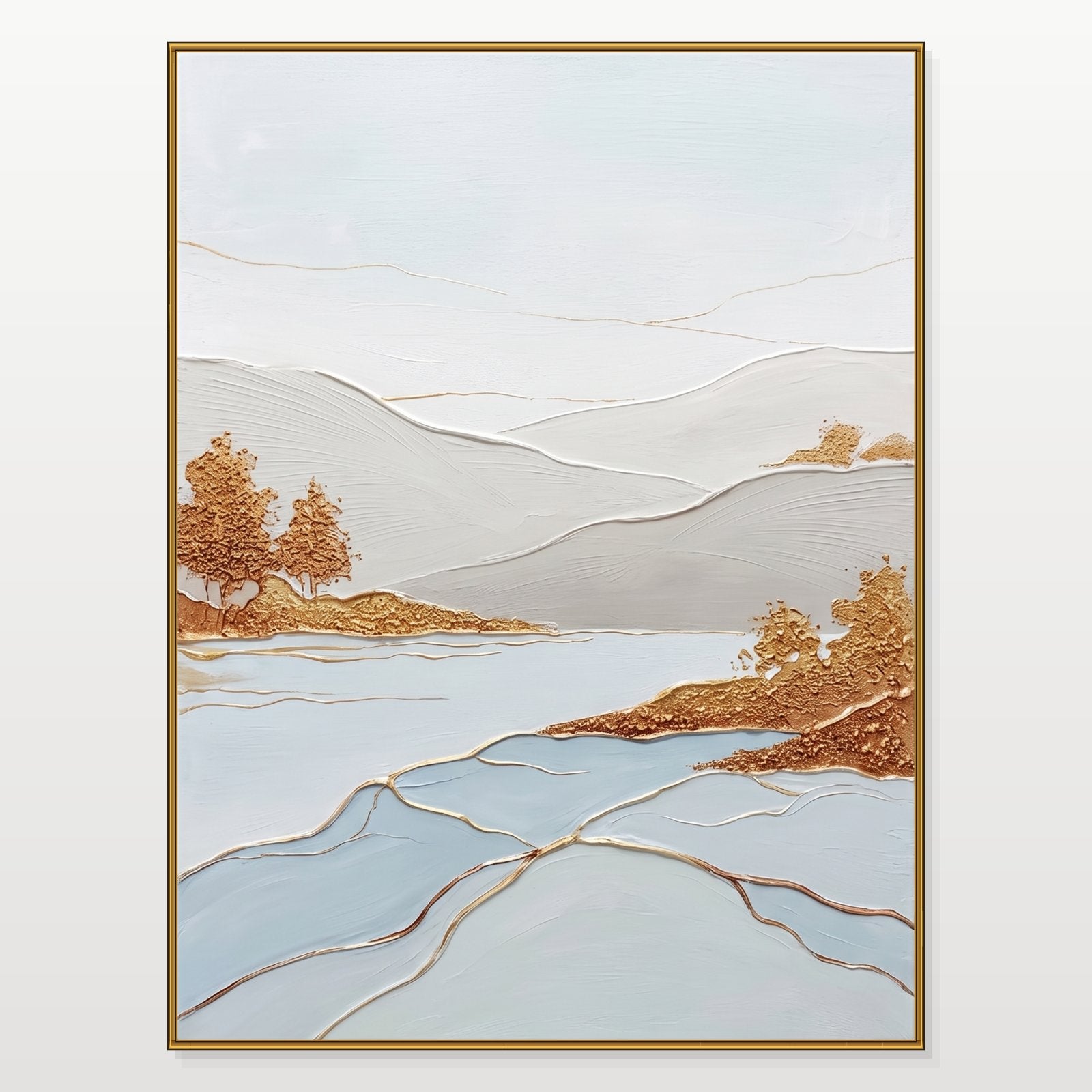 Dipinto di lusso con texture raffigurante un lago e una montagna, nei toni dell’oro e del bianco, per l’arredamento di una casa moderna