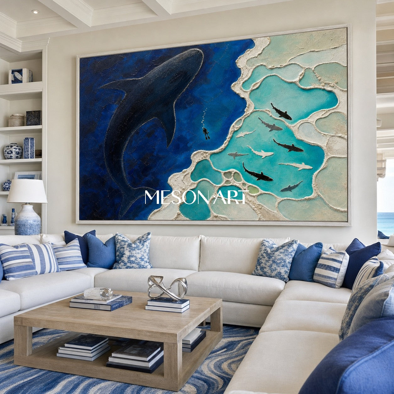 Original Whale Silhouette Ocean Art With Textured Reef For Living Room Decor