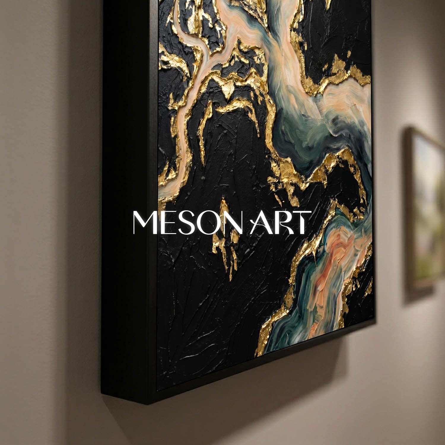 Gilded Abstract Plaster Art With Sea Green Waves Black Gold Decor