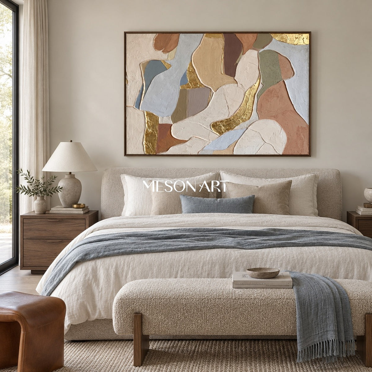 Beige And Gold Abstract Textured Organic Minimal Modern Rectangular Wall Art For Living Room By Mesonart