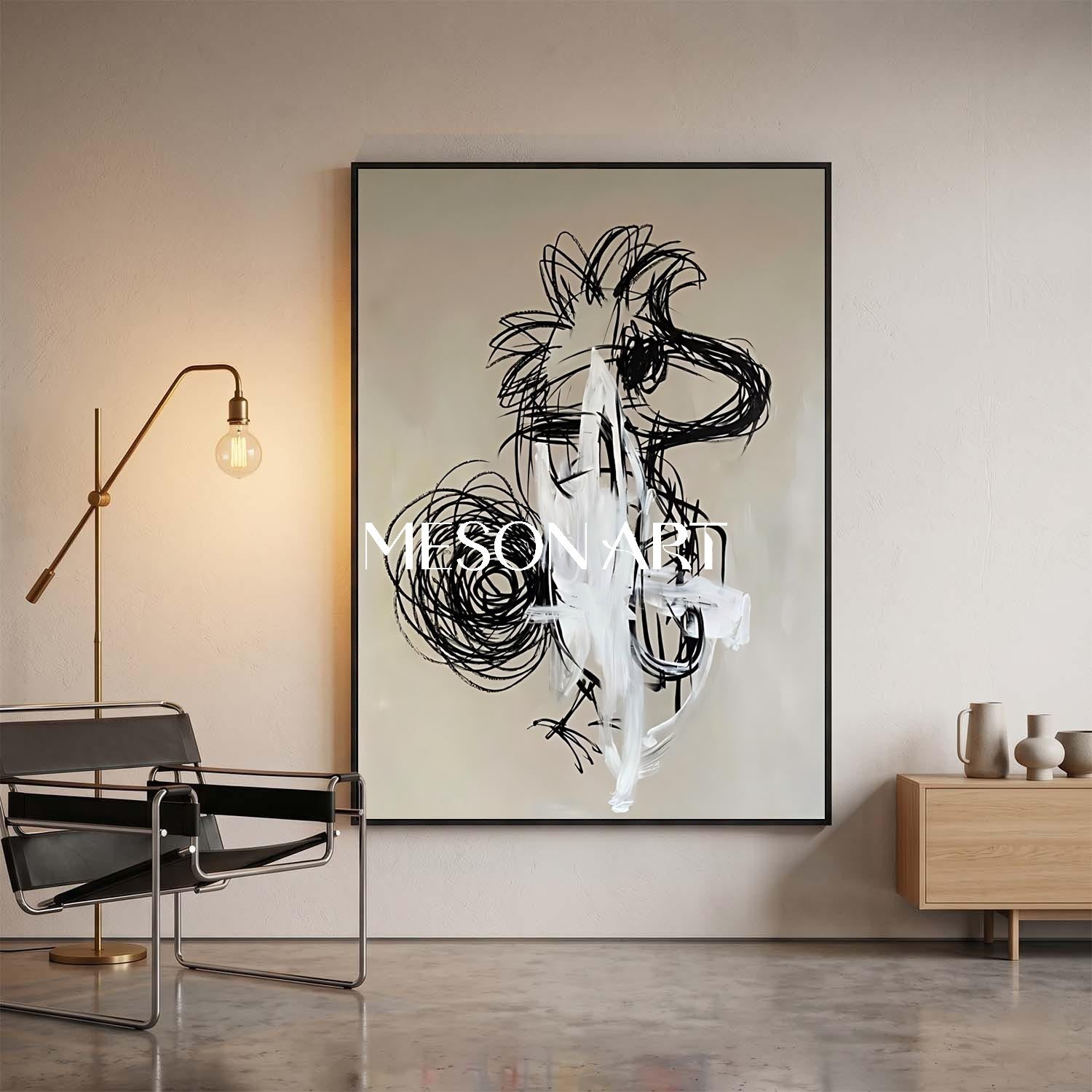 Original Graffiti Abstract Painting In Black And White For Modern Living Room Entryway Decor
