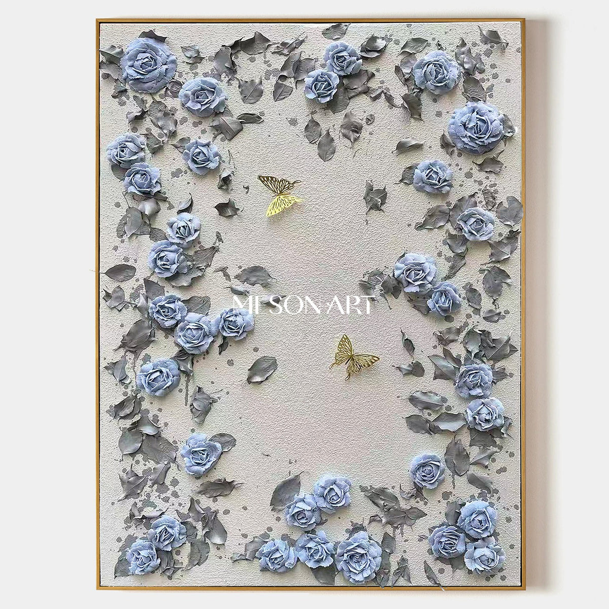 Blue And Gray Botanical Painting Original Hand Painted Modern Organic Wall Art Rectangular Canvas By Mesonart