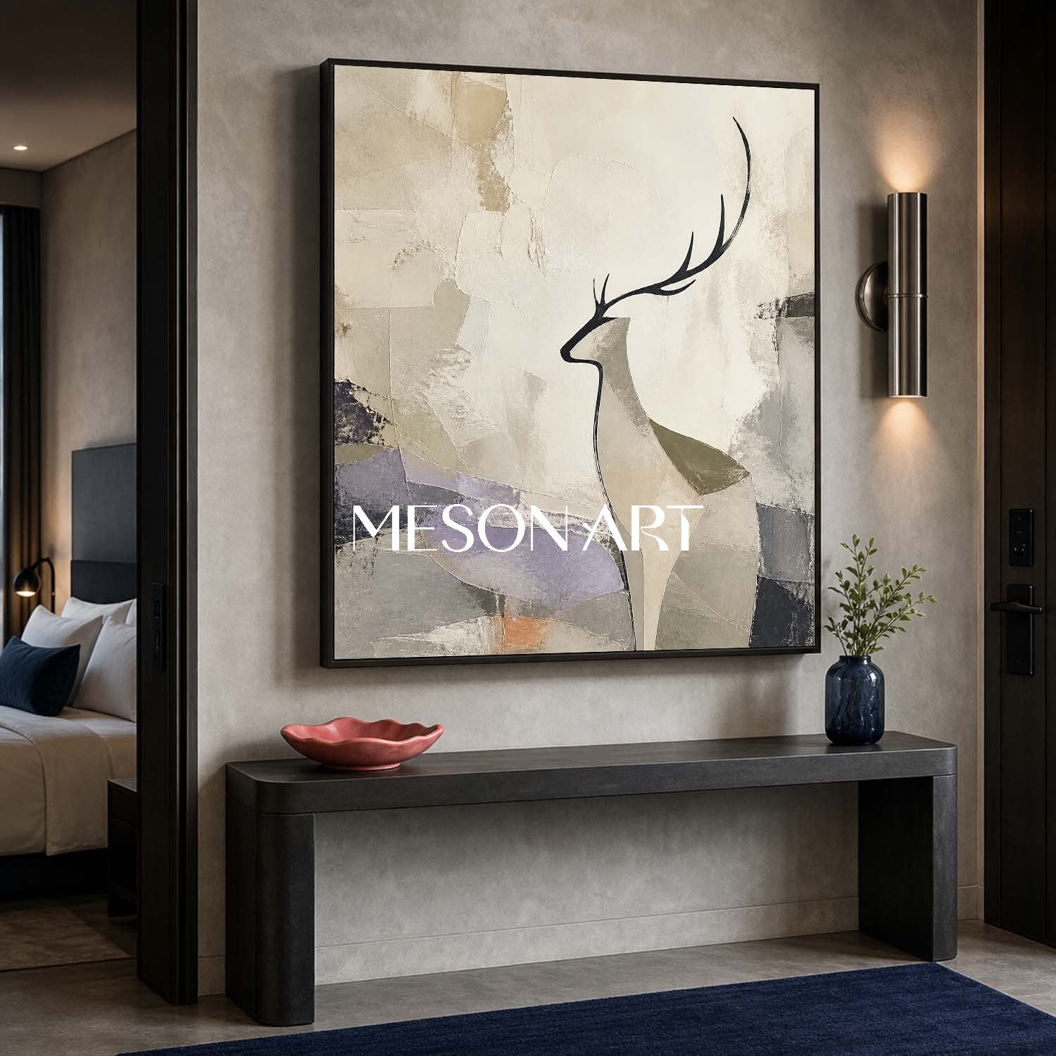 Minimalist Deer Abstract Canvas Art With Textured Beige Grey Tones For Living Room Bedroom Decor