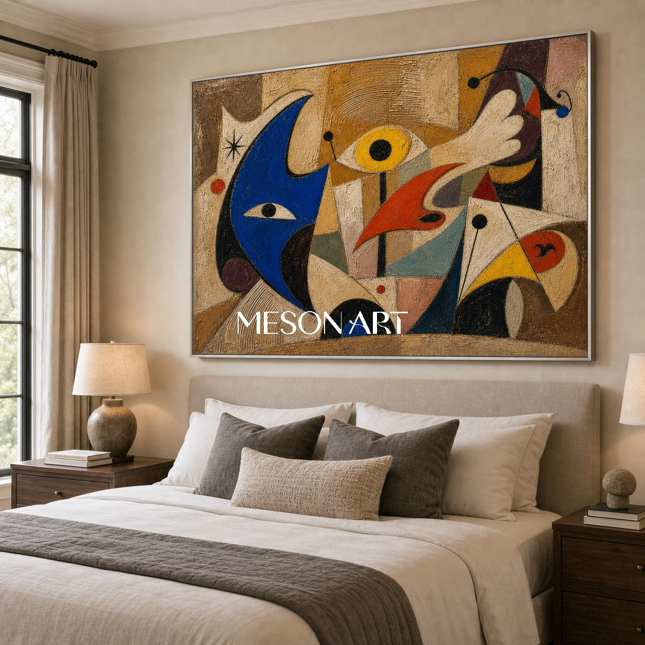 Abstract Surrealist Oil Painting On Linen With Blue And Beige Tones For Living Room Decor