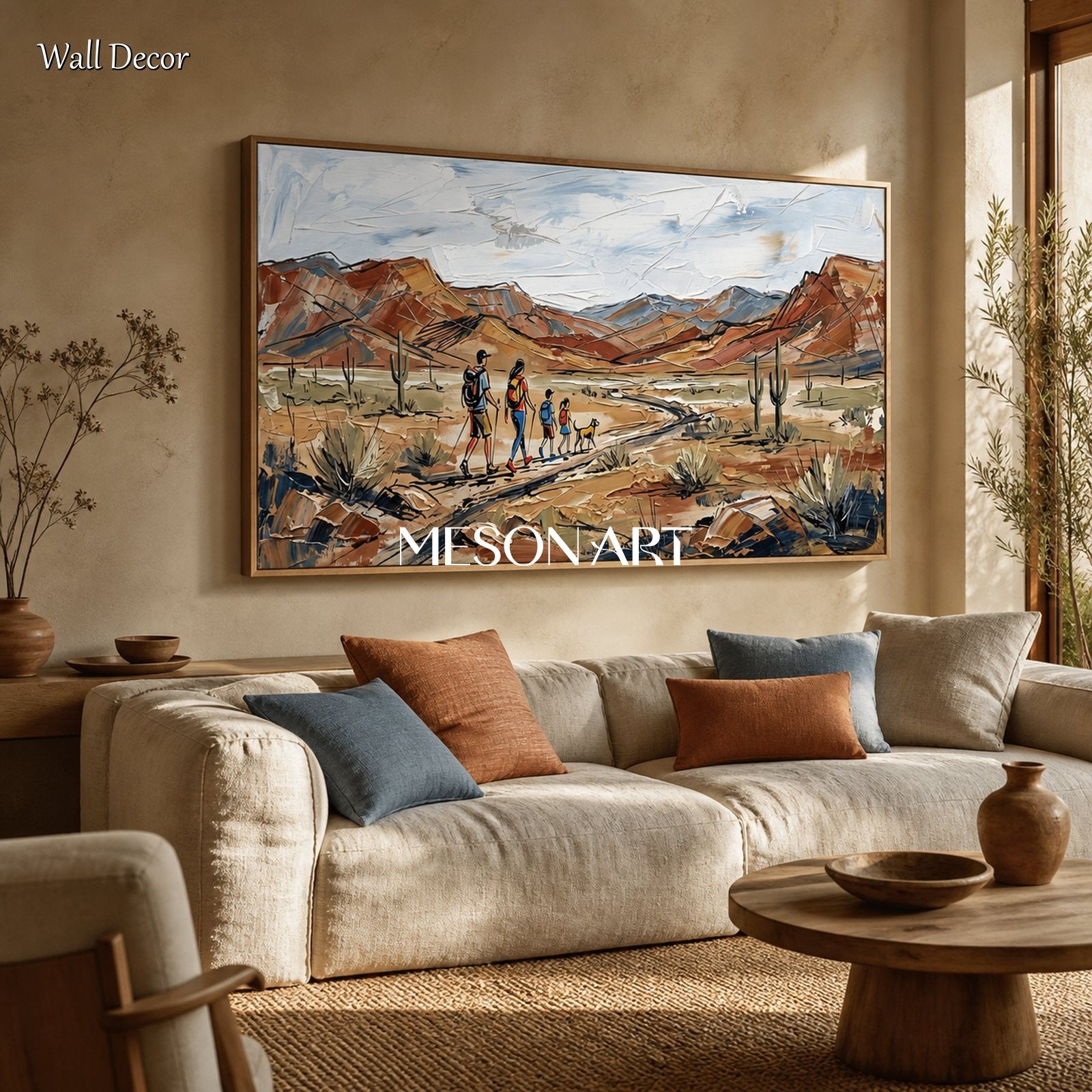 Brown And Blue Contemporary Landscape Mountain Painting Textured Art For Living Room By Mesonart