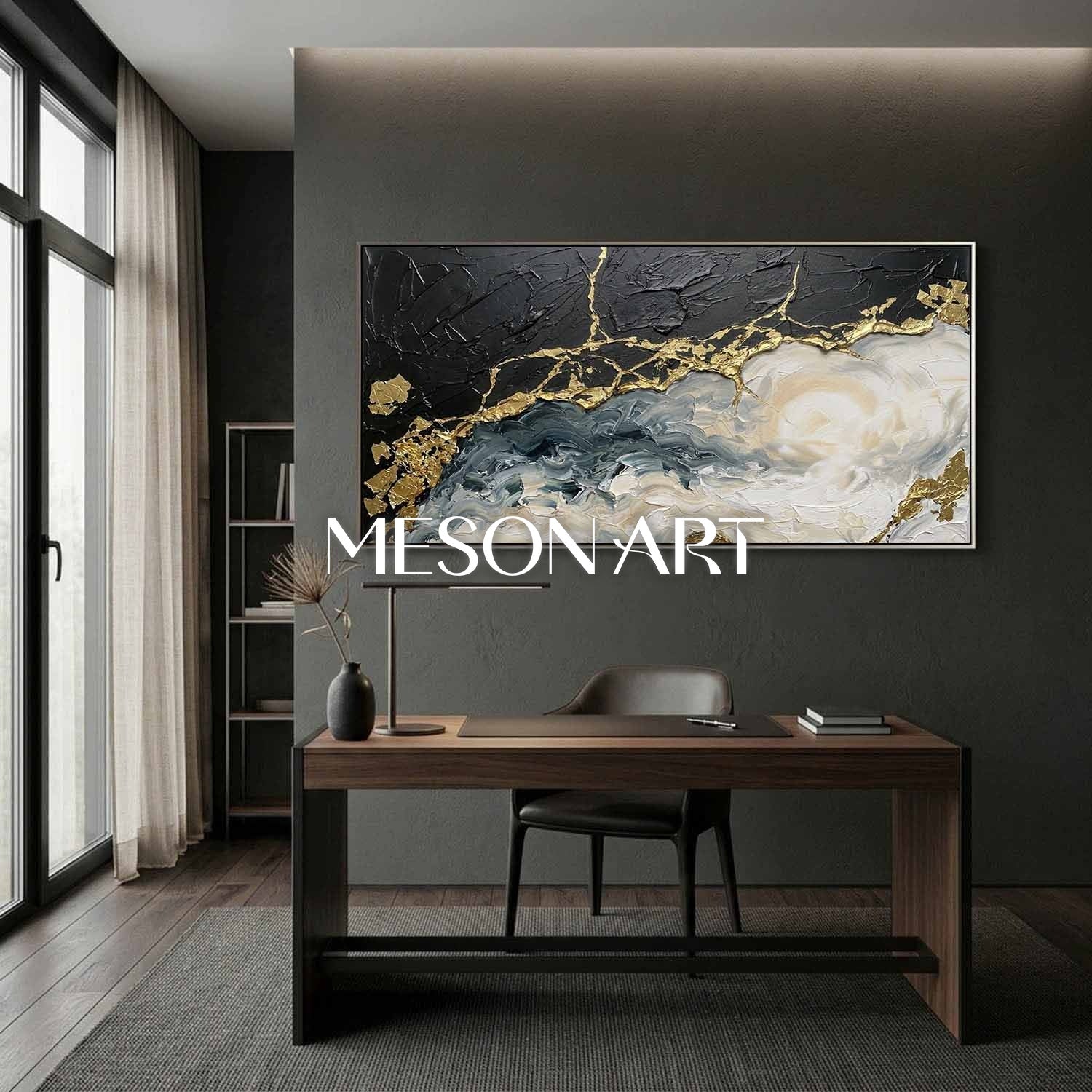 Large Black And Gold Abstract Painting With Plaster Texture For Modern Living Room Decor