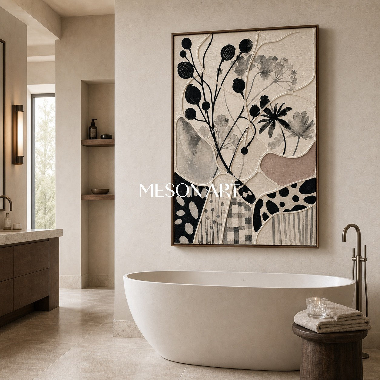 Abstract Botanical Art With Geometric Patchwork Design For Modern Living Spaces