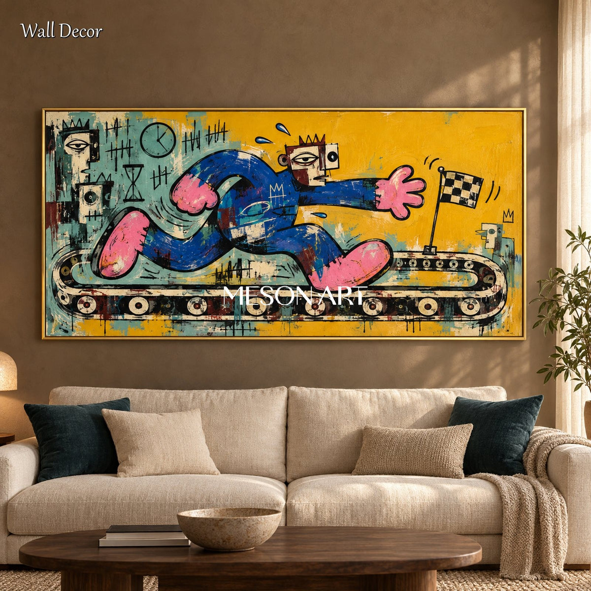 Yellow And Blue Abstract Pop Art Painting Original Artist Hand Painted Panoramic Wall Decor For Living Room By Mesonart
