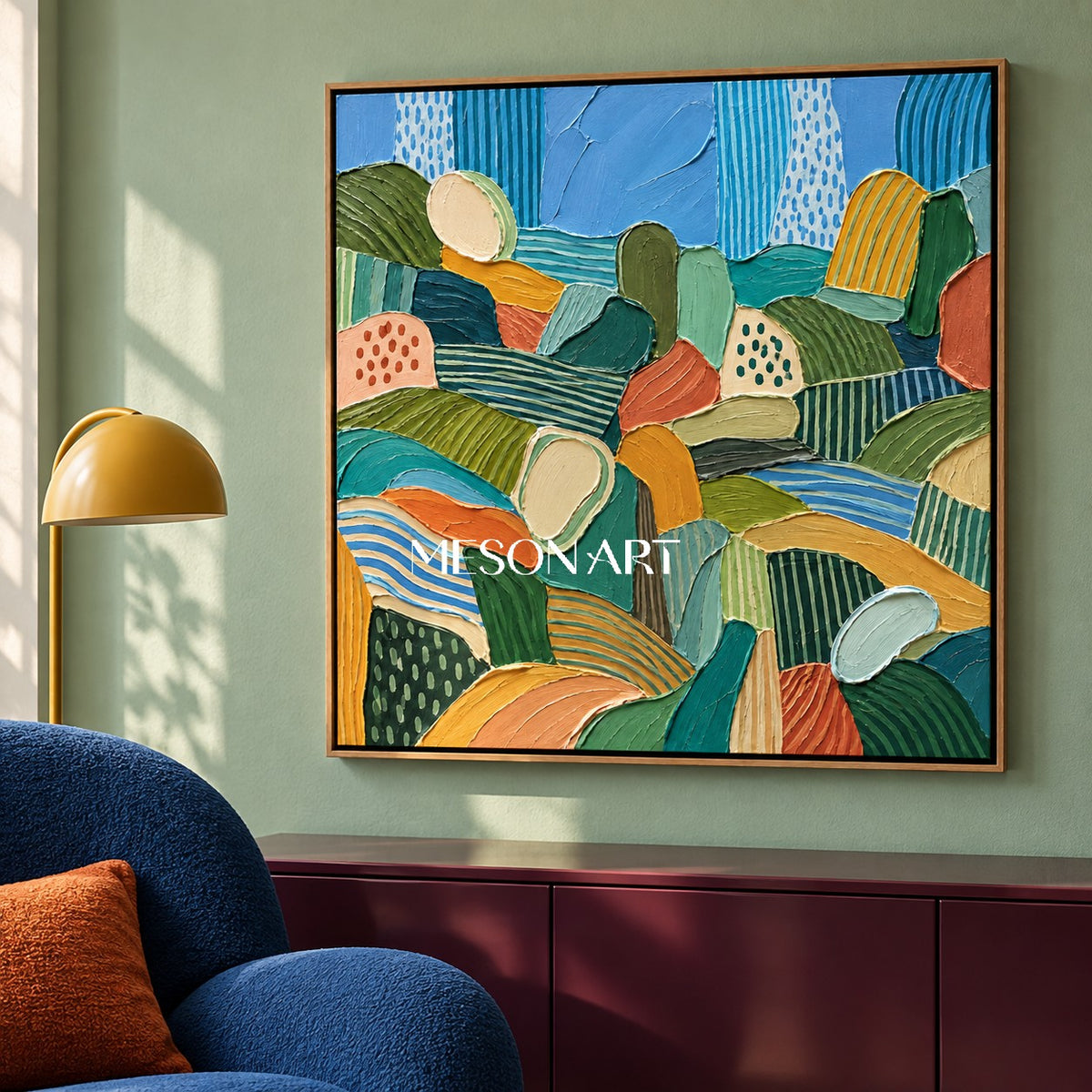 Blue And Green Abstract Landscape Painting Square Wall Art For Living Room By Mesonart