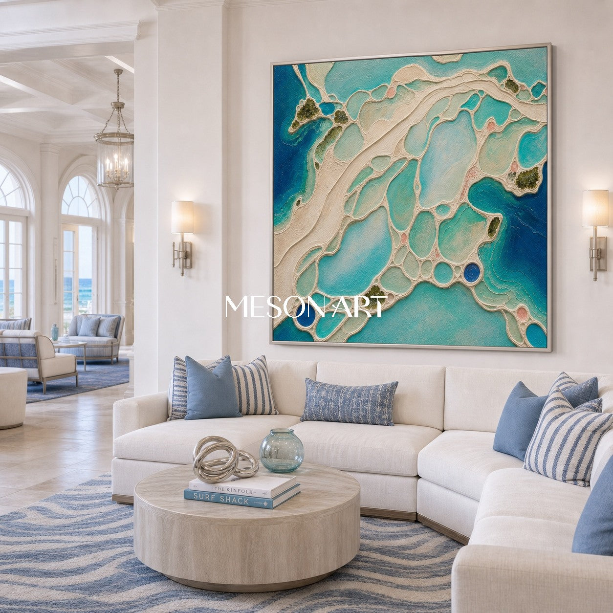 Abstract Ocean Art With Textured Relief For Coastal Living Room Decor