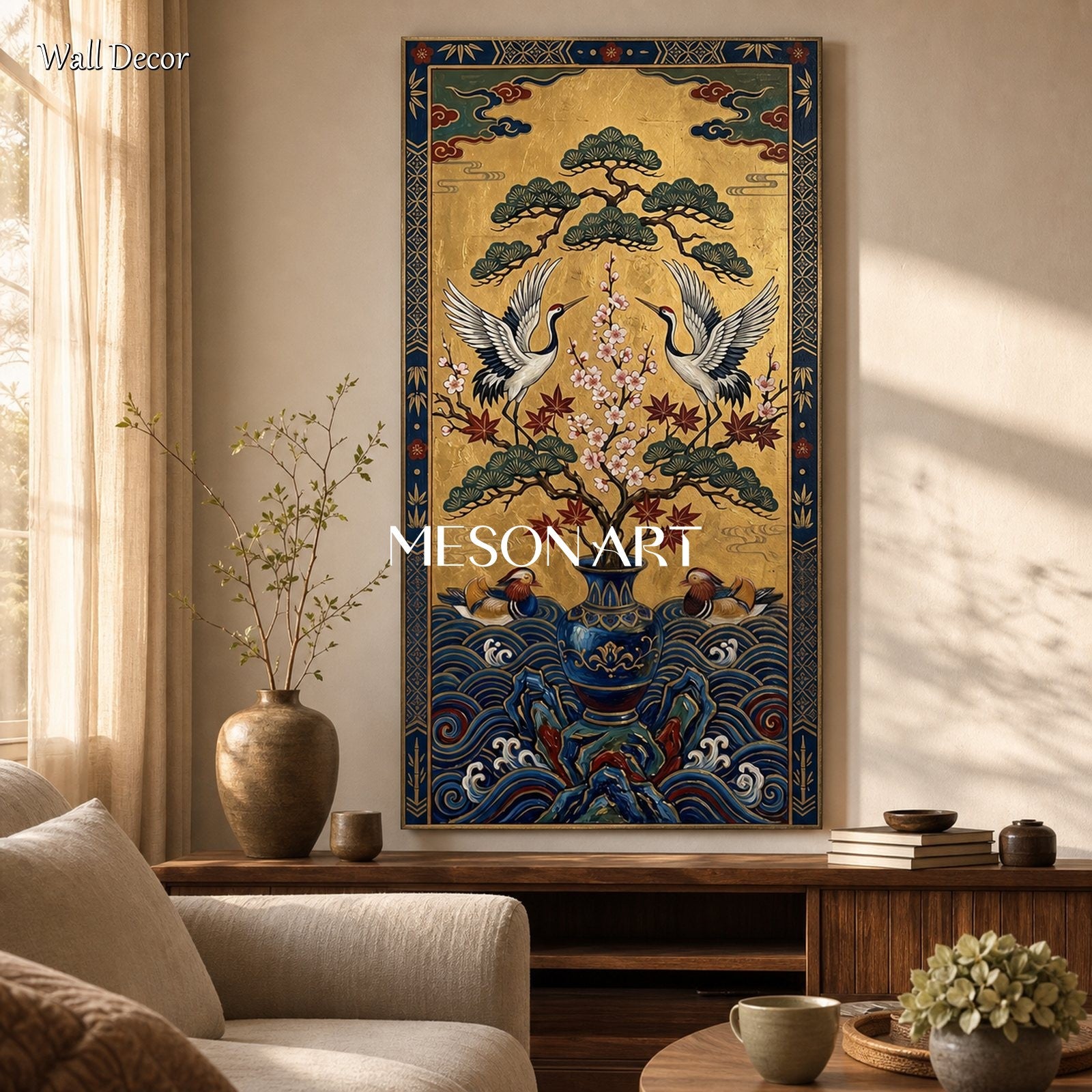 Exquisite Gold Leaf Crane Painting For Elegant Living Room Decor And Entryway