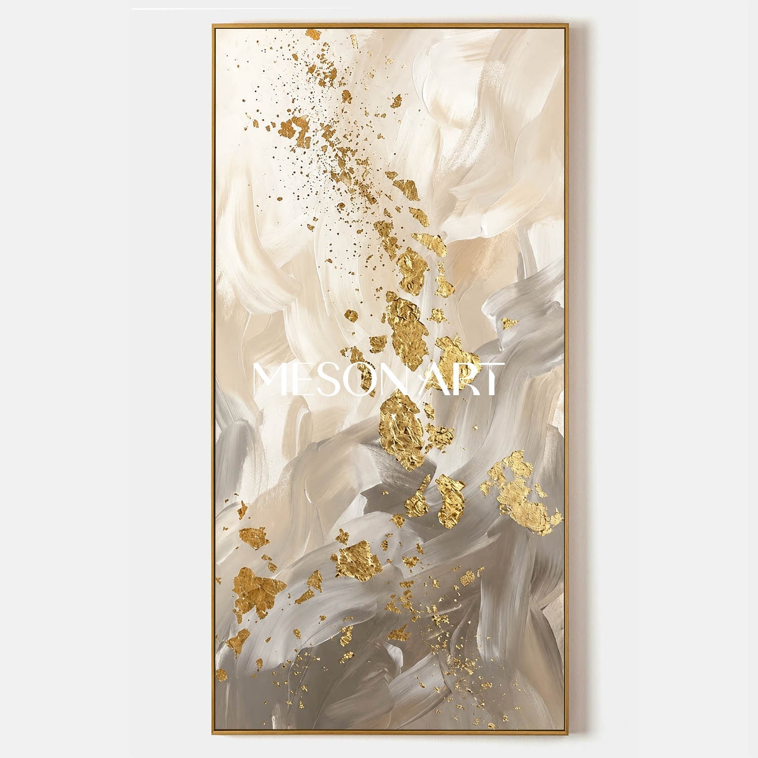 Luxury Abstract Gold Leaf Painting Beige Modern Wall Art For Living Room
