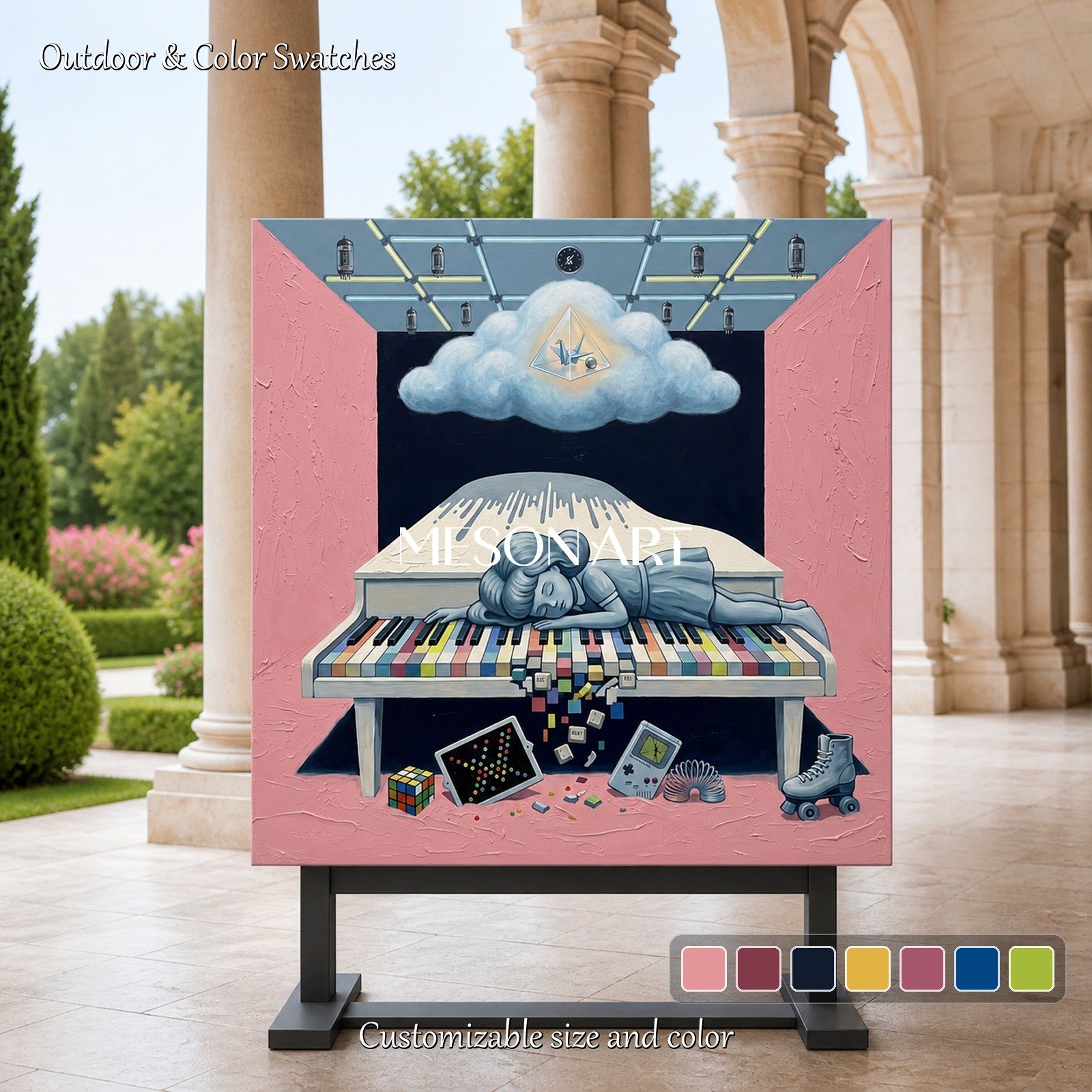 Pink And Blue Surrealism Painting Square Original Artist Hand Painted Contemporary Art Wall Decor For Living Room By Mesonart