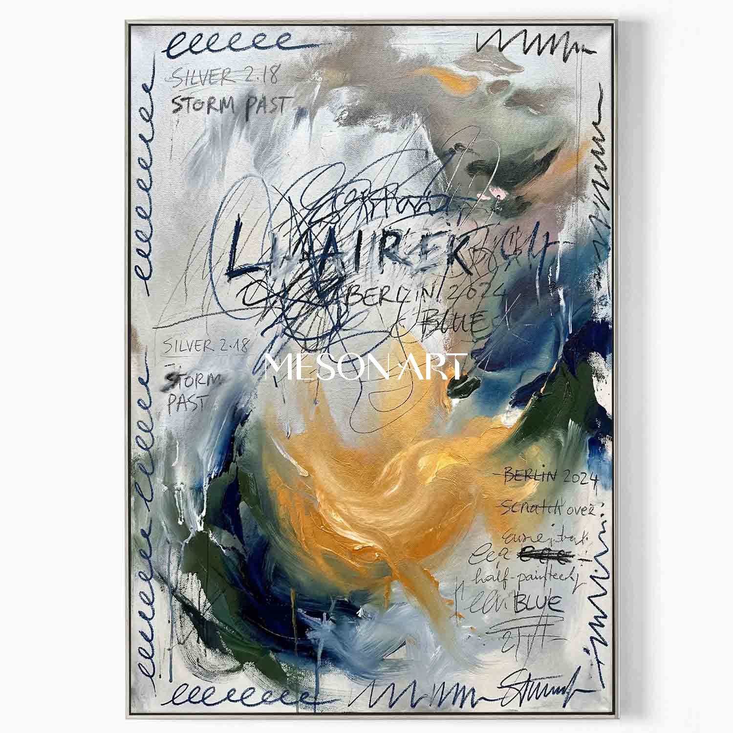 Large Abstract Oil Painting with Expressive Blue Gold Texture Office