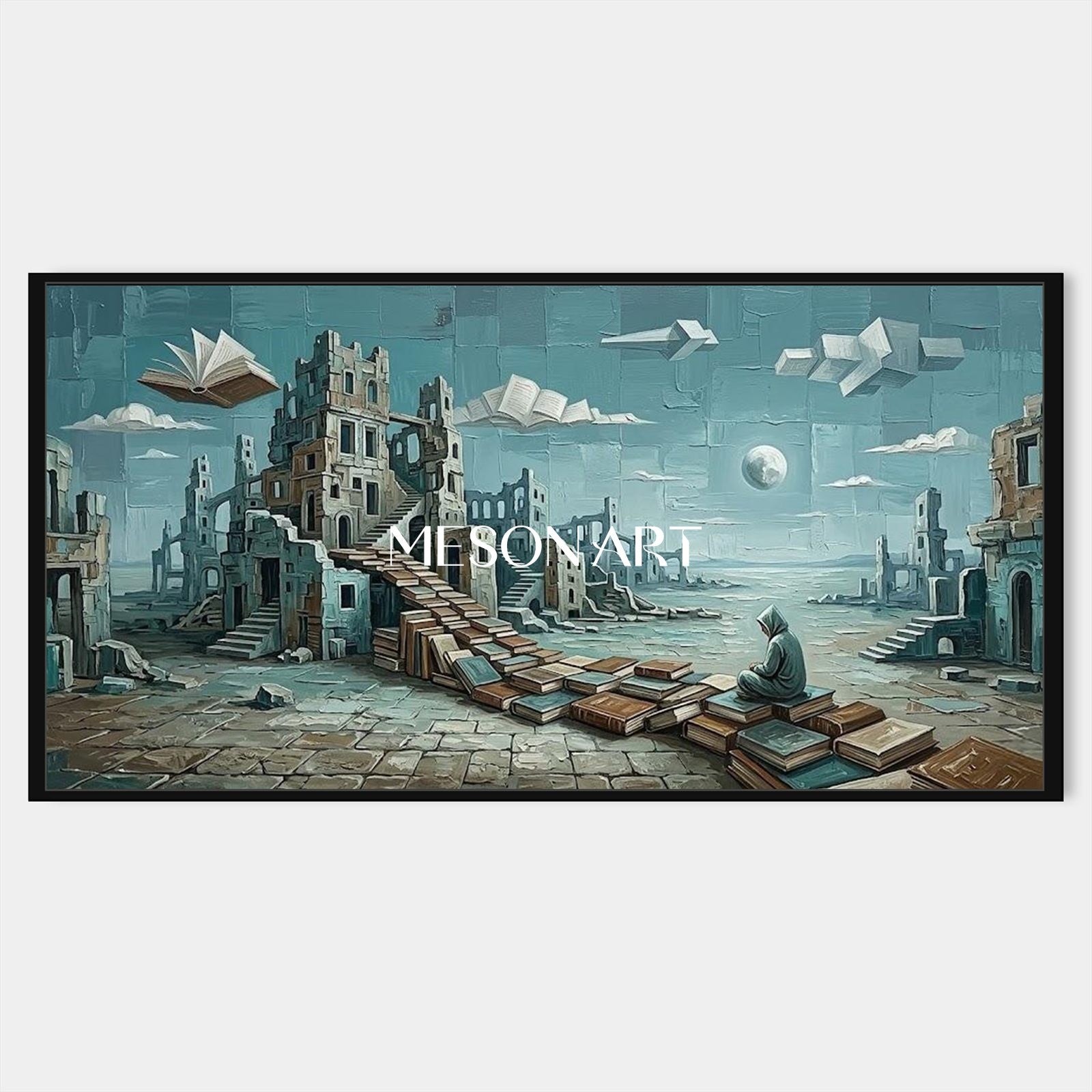 Large Surreal Painting Of Ancient Ruins And Floating Books For Home Office Decor