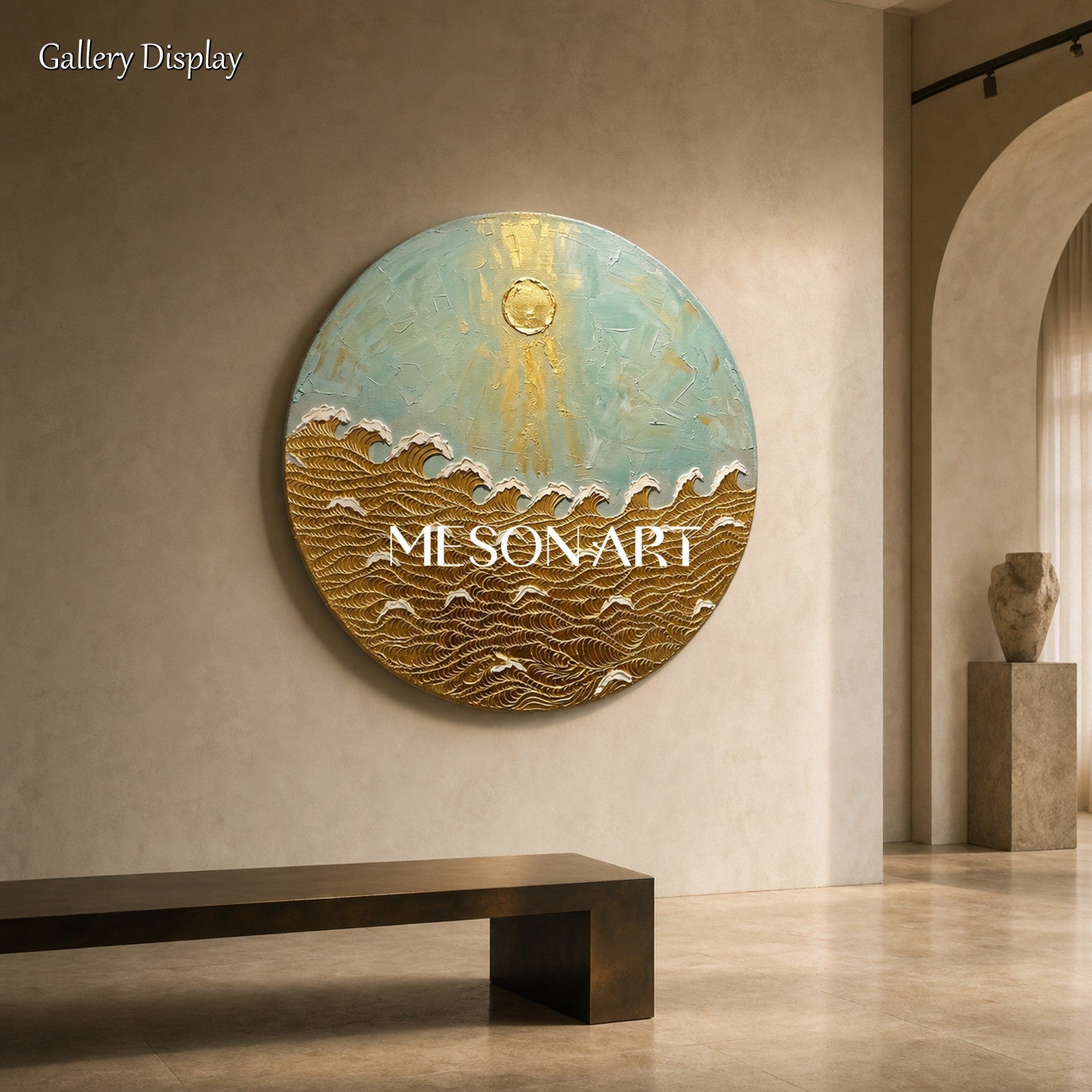 Golden Wave Painting Circular Art Deco Ocean Wall Art For Living Room Entryway