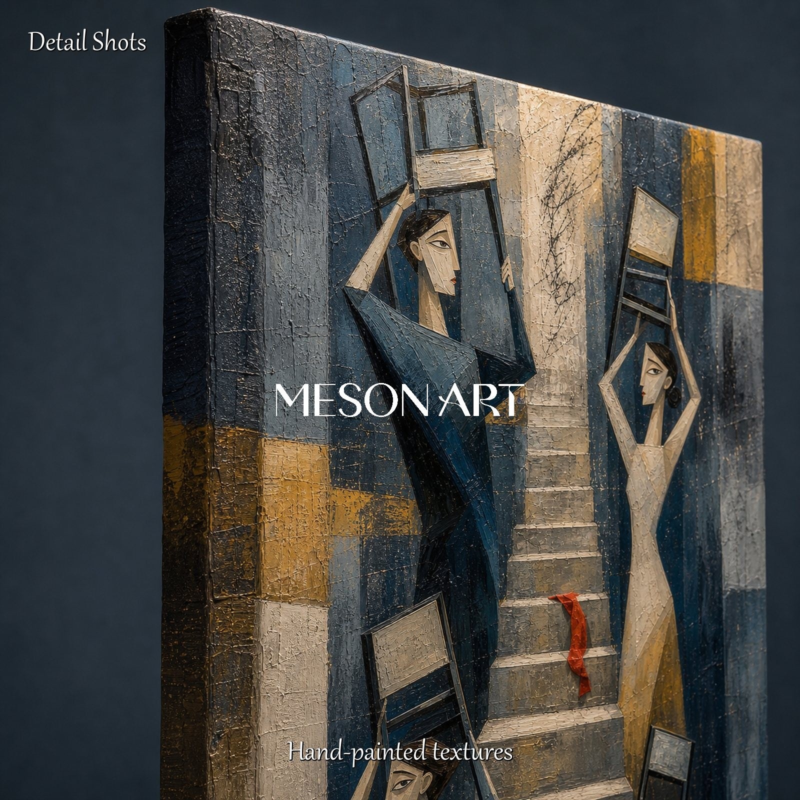 Blue And Gold Cubist Abstract Geometric Modern Figures Stairs Chairs Panoramic Textured Canvas Original Artist Hand Painted By Mesonart