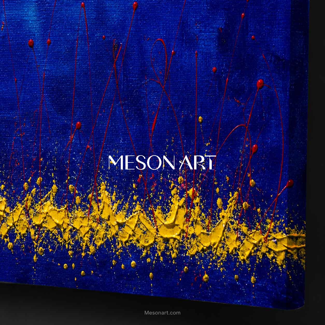Original Blue And Red Abstract Art With Yellow Texture For Modern Living Room Decor