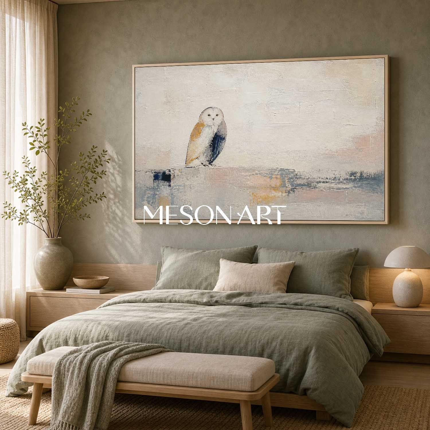 Minimalist Owl Painting In Beige And Grey Tones For Living Room Or Home Office Decor