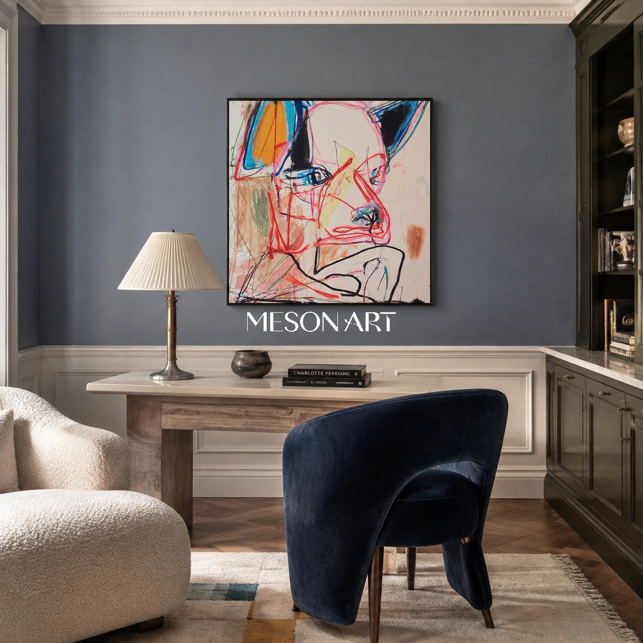 Red And Blue Graffiti Expressionist Abstract Portrait Square Wall Art For Living Room By Mesonart
