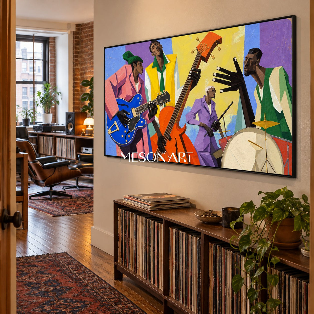 Blue And Yellow Pop Art Jazz Painting Panoramic Wall Art For Living Room Original Artist By Mesonart