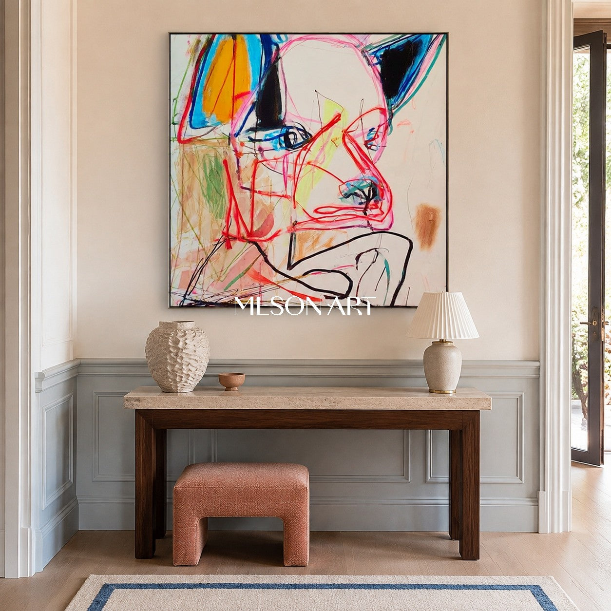 Rote und blaue Graffiti-Graffiti: expressionistisches, abstraktes Porträt als quadratisches Wandbild für das Wohnzimmer von Mesonart