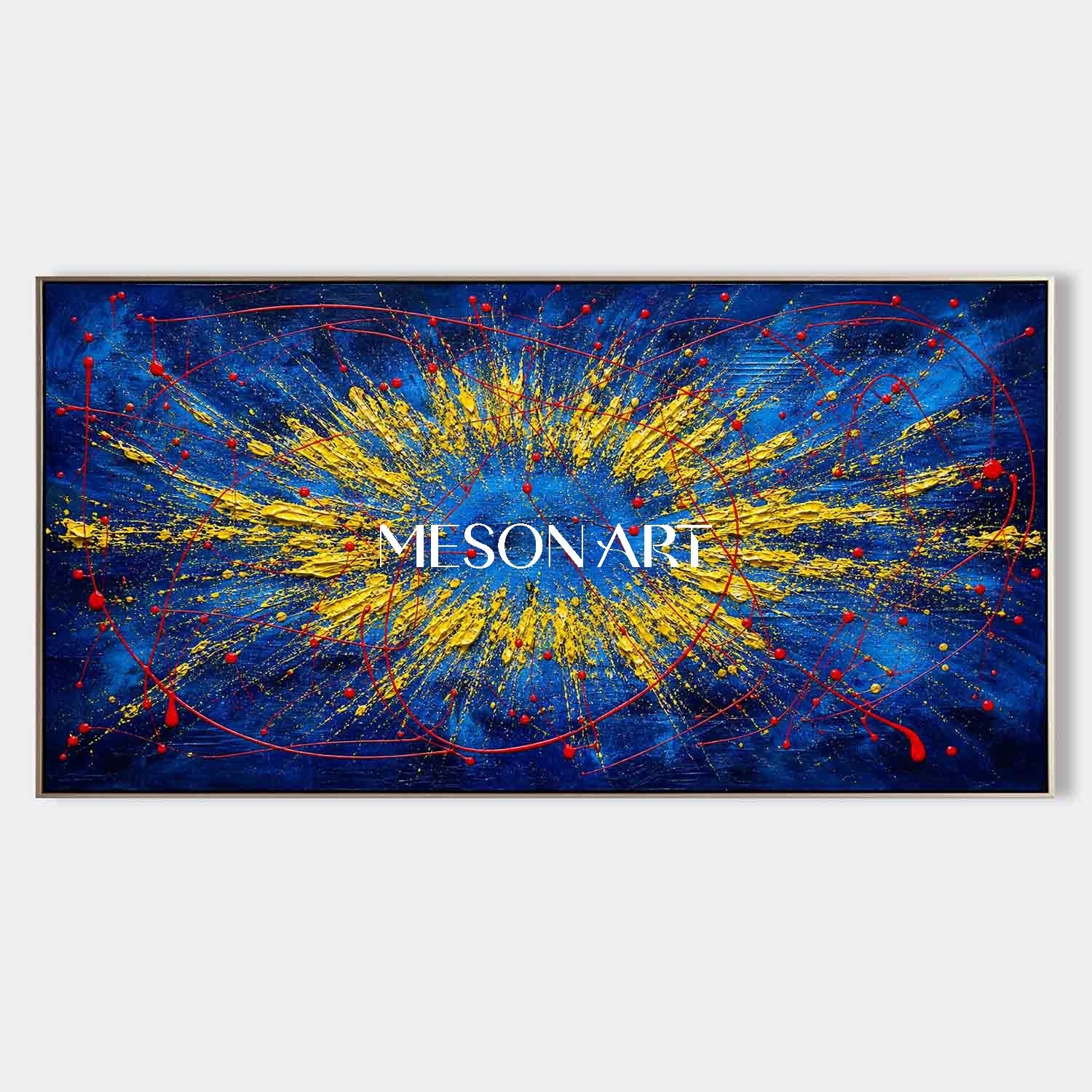 Bold Abstract Blue And Gold Painting With Textured Relief For Modern Living Room Decor