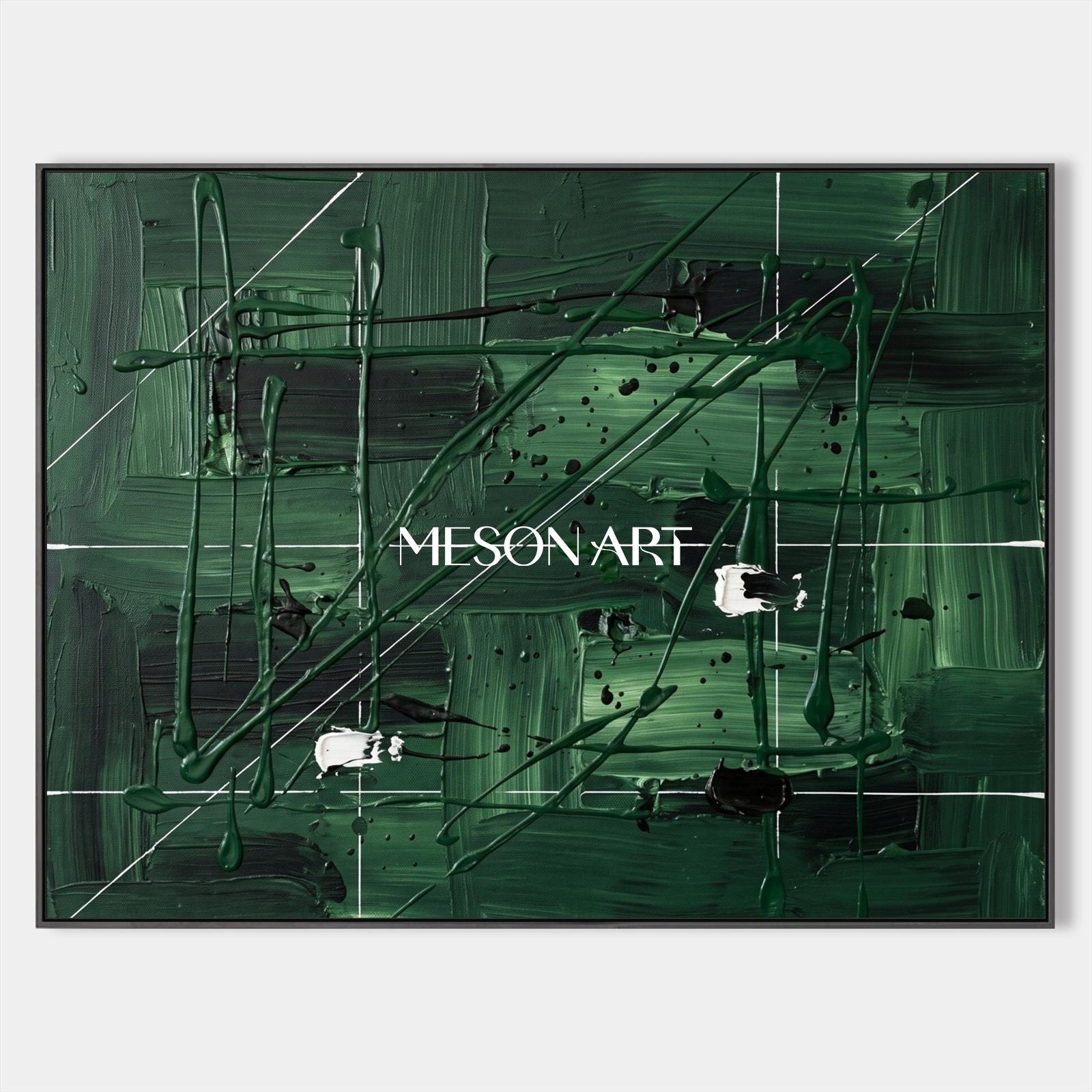 Green And Black Pollock Inspired Painting Rectangular Wall Art Contemporary Drip Art By Mesonart