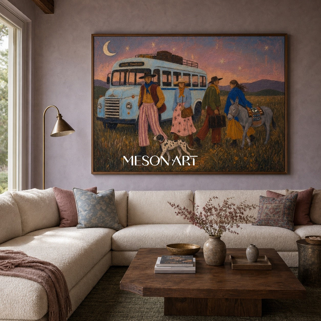Bohemian Travel Art With Vintage Bus And Nomadic Figures For Living Room Decor
