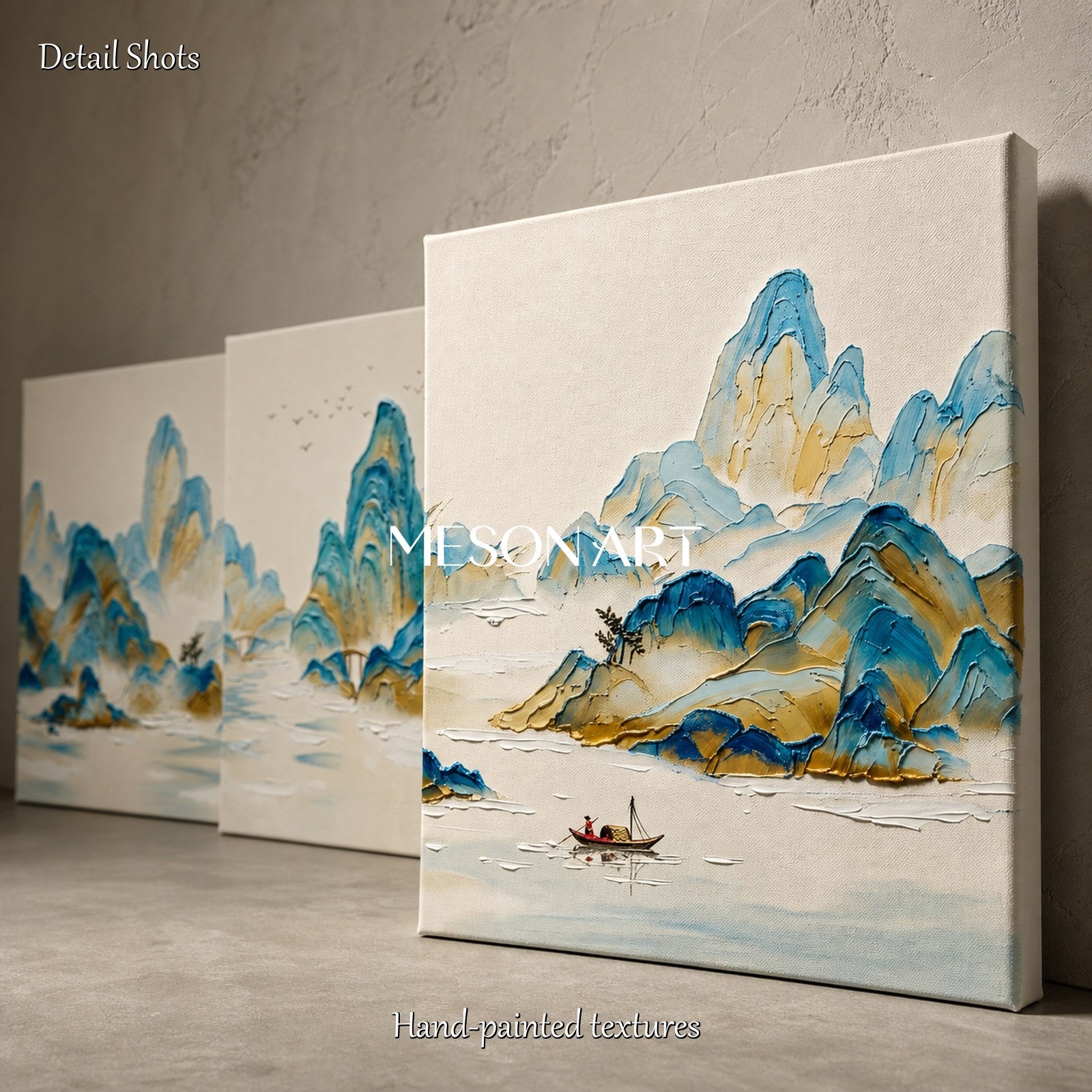 ديكور حائطي مربع مرسوم يدويًّا من Mesonart، يصور منظرًا جبليًّا عصريًّا باللونين الأزرق والبيج